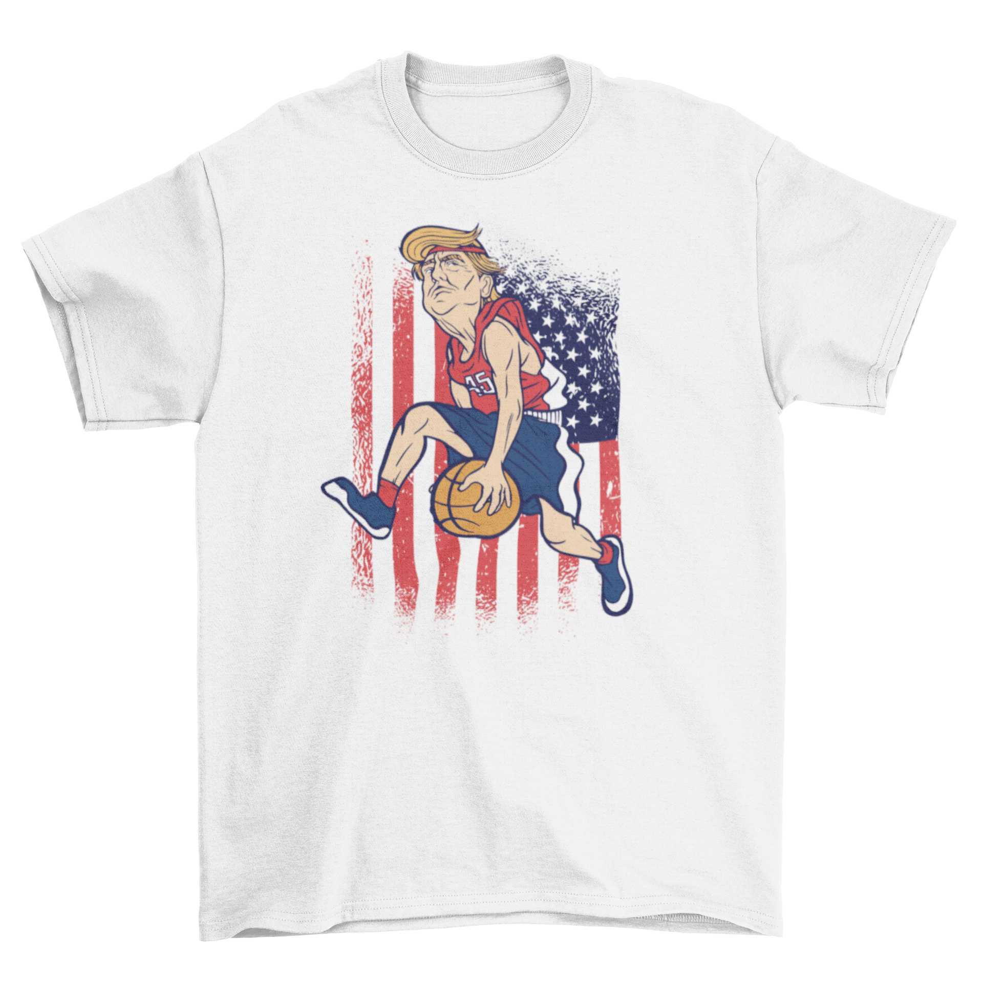 Trump Basketball T-shirt featuring a cartoon of Trump playing basketball, showcasing vibrant colors and a fun design.