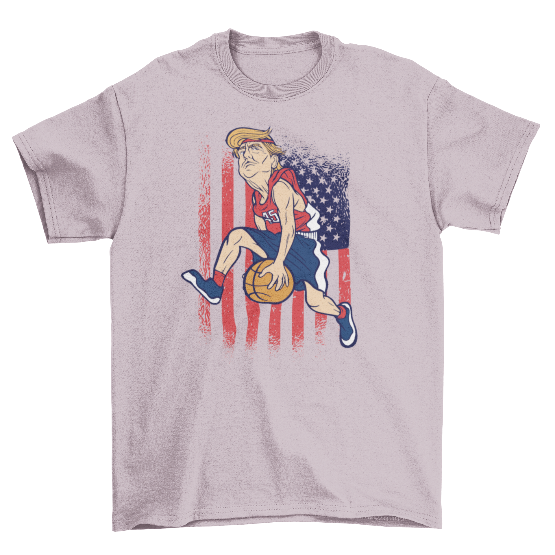 Trump Basketball T-shirt featuring a cartoon of Trump playing basketball, showcasing vibrant colors and a fun design.