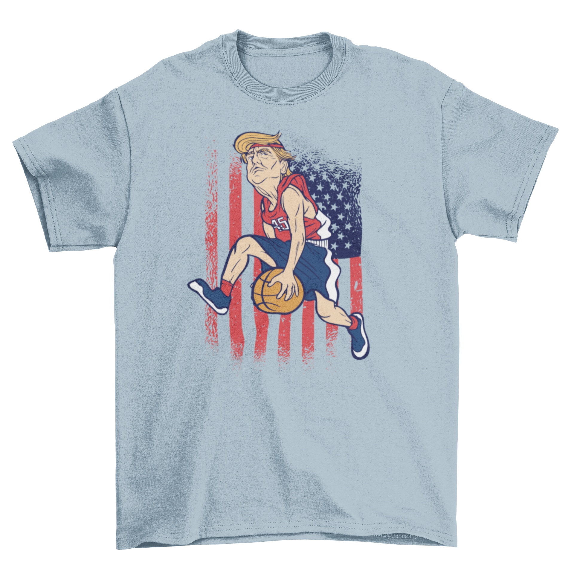 Trump Basketball T-shirt featuring a cartoon of Trump playing basketball, showcasing vibrant colors and a fun design.