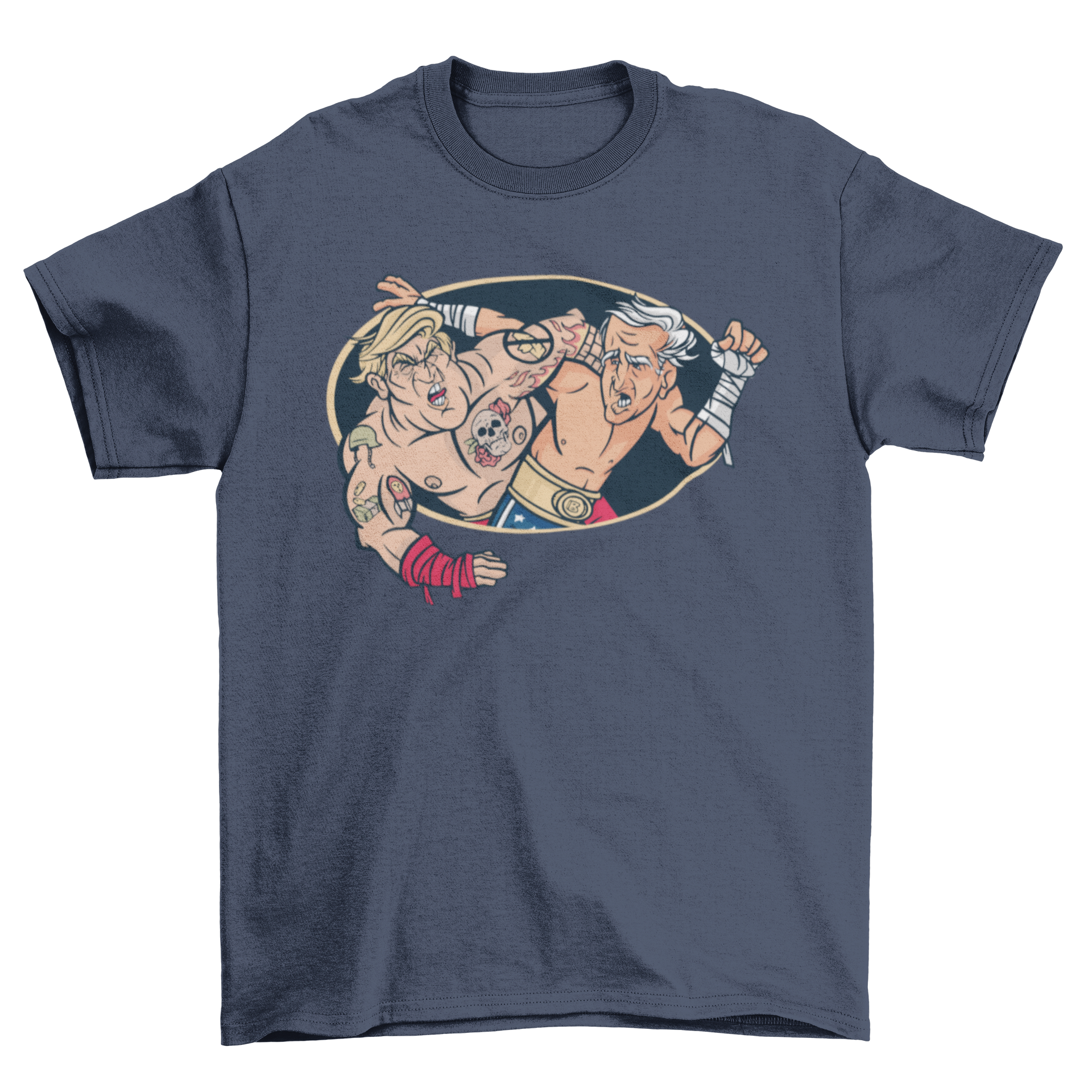 A humorous t-shirt featuring an illustration of Donald Trump wrestling Joe Biden, showcasing political rivalry in a fun design.