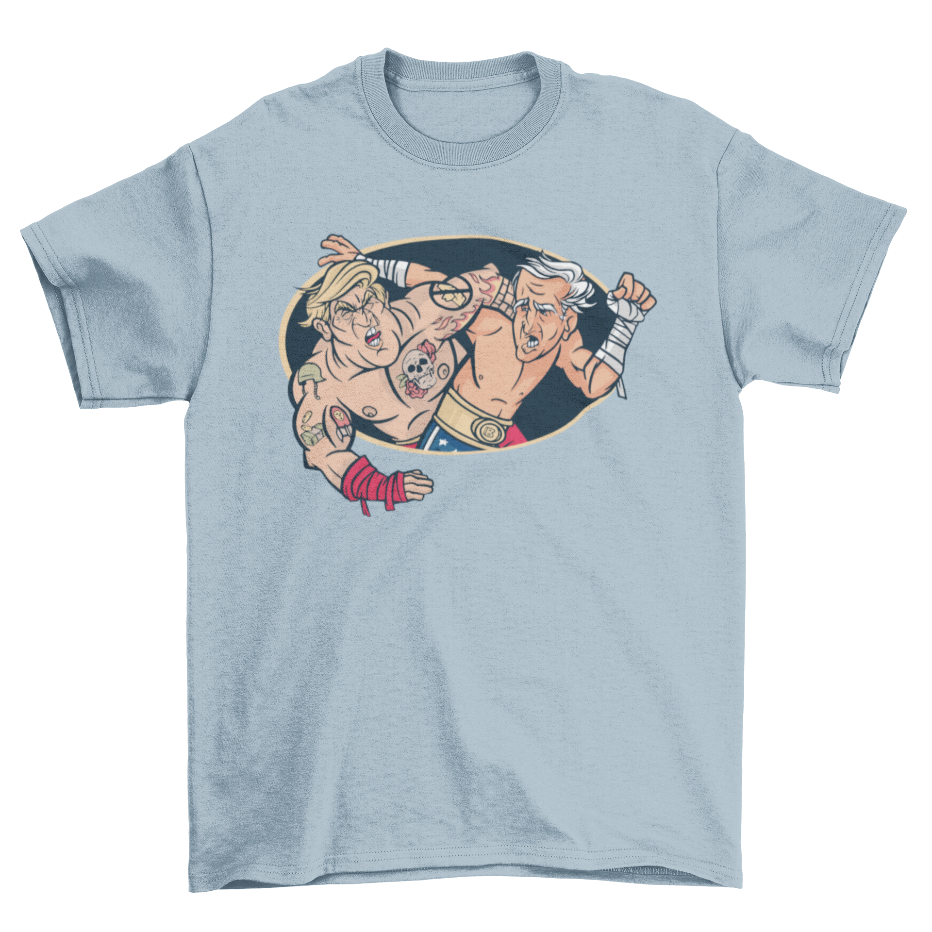 A humorous t-shirt featuring an illustration of Donald Trump wrestling Joe Biden, showcasing political rivalry in a fun design.