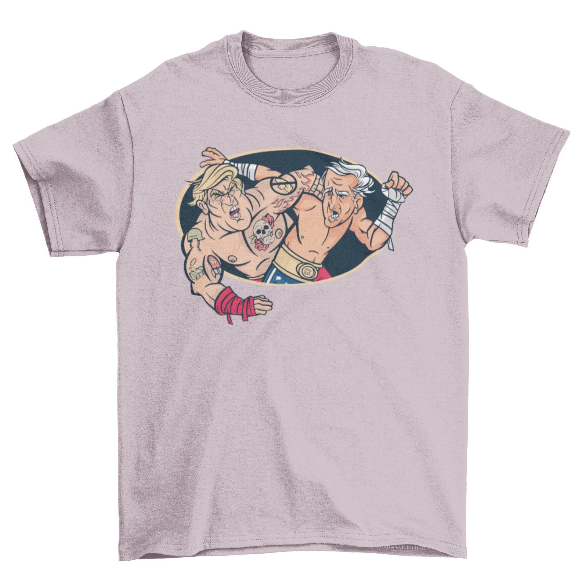 A humorous t-shirt featuring an illustration of Donald Trump wrestling Joe Biden, showcasing political rivalry in a fun design.