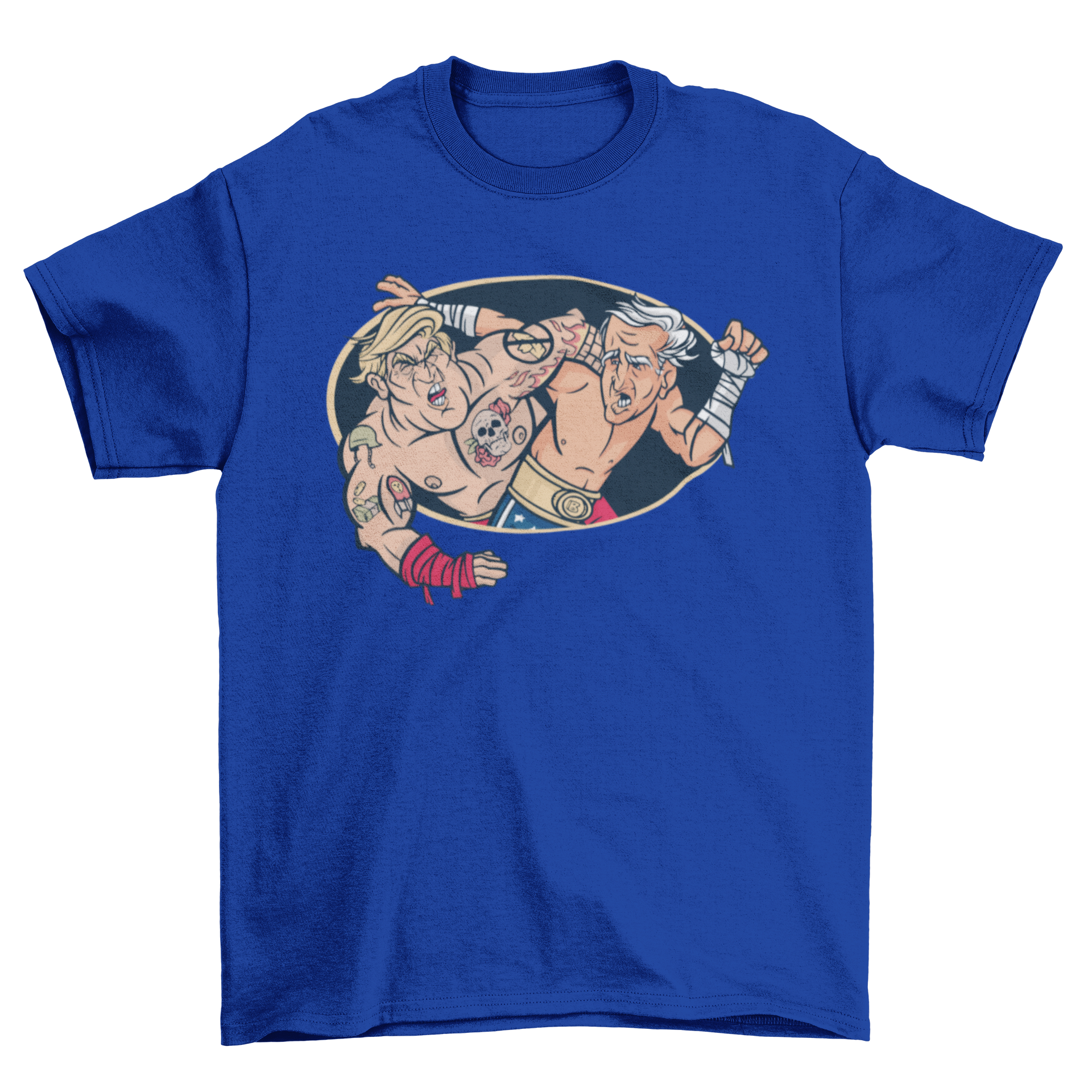 A humorous t-shirt featuring an illustration of Donald Trump wrestling Joe Biden, showcasing political rivalry in a fun design.