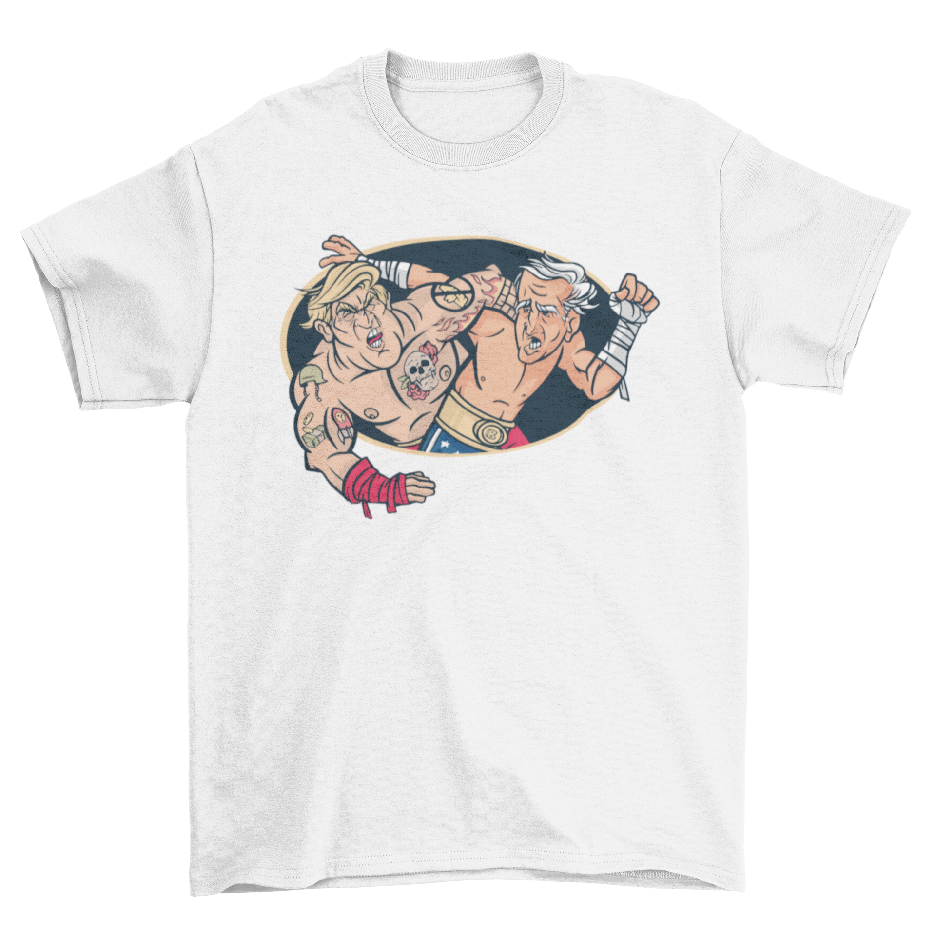 A humorous t-shirt featuring an illustration of Donald Trump wrestling Joe Biden, showcasing political rivalry in a fun design.