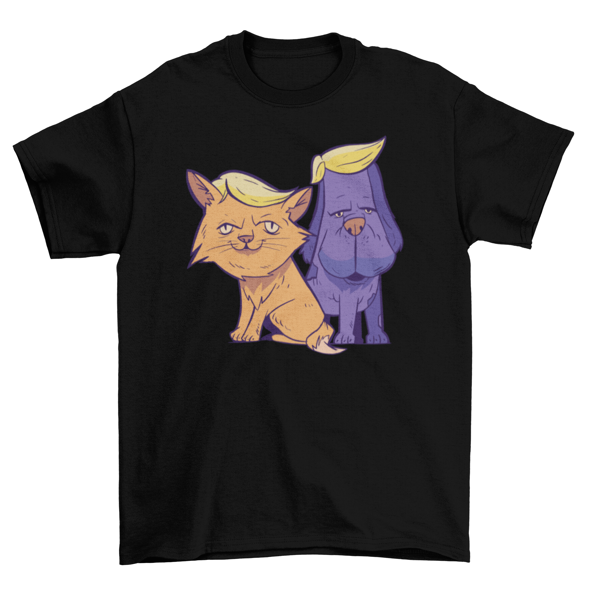 A playful T-shirt featuring a cartoon cat and dog with Trump-style hair, showcasing a humorous political theme.