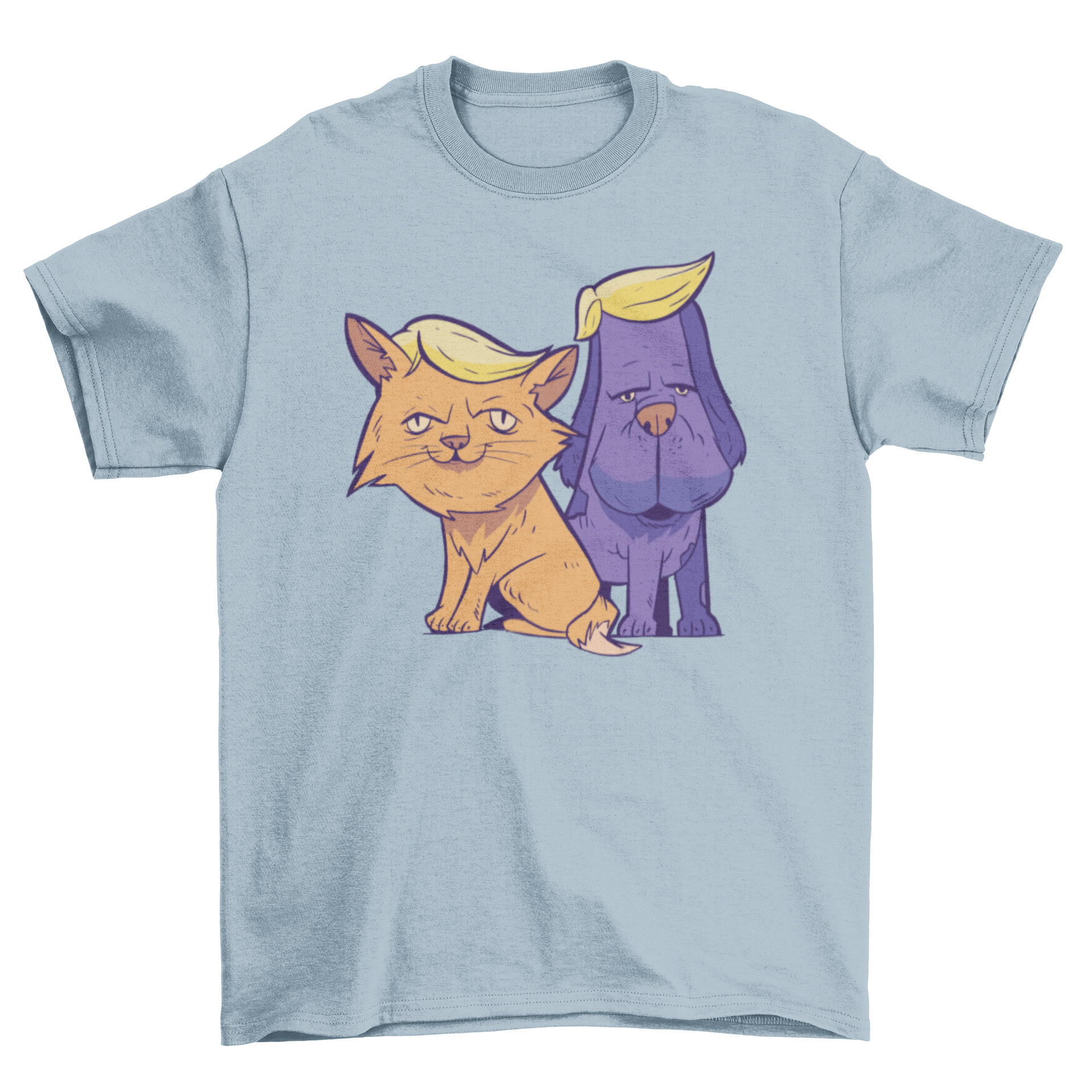 A playful T-shirt featuring a cartoon cat and dog with Trump-style hair, showcasing a humorous political theme.