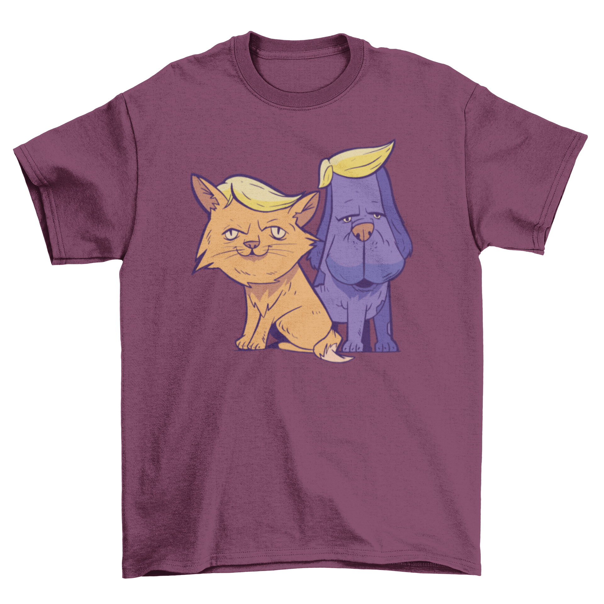 A playful T-shirt featuring a cartoon cat and dog with Trump-style hair, showcasing a humorous political theme.