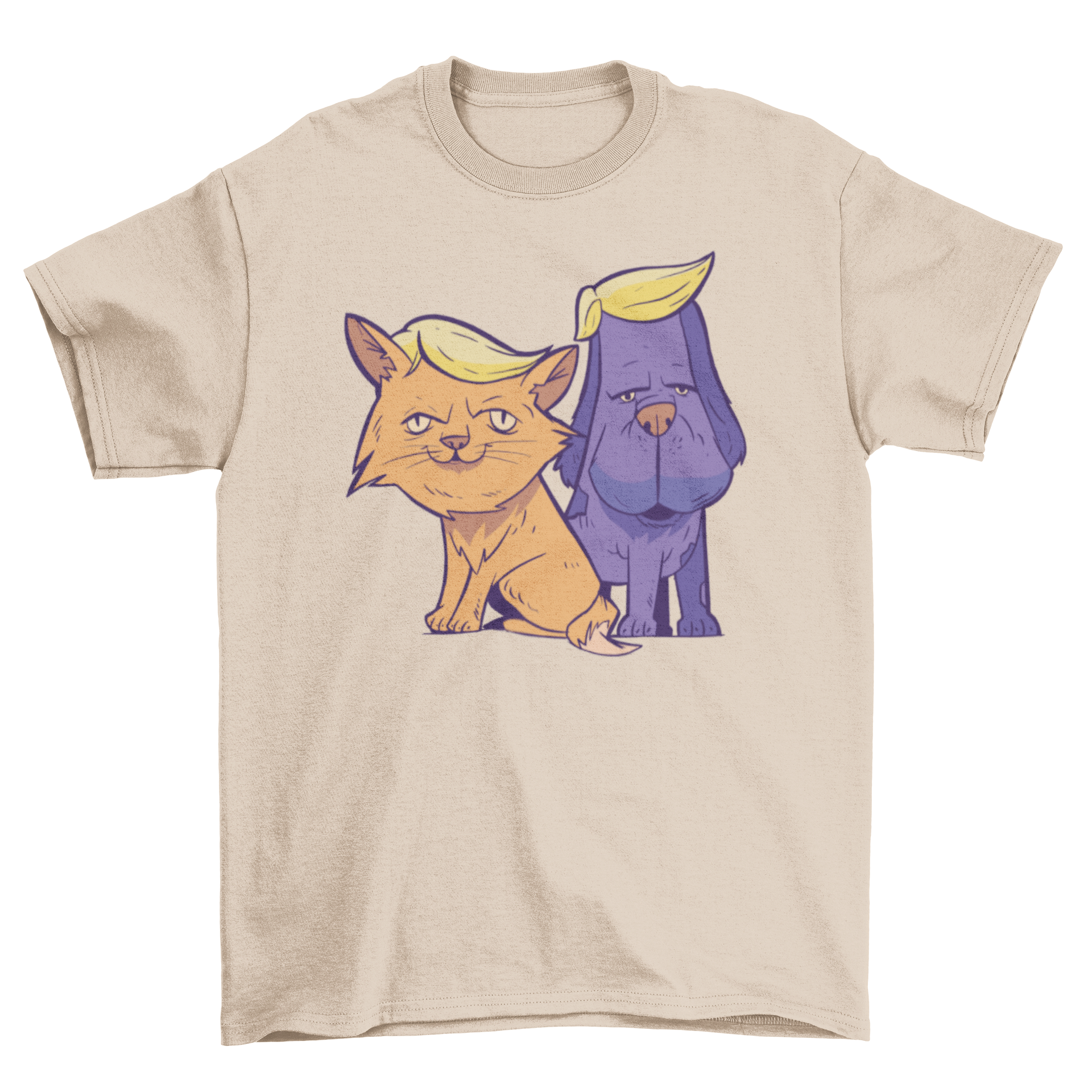 A playful T-shirt featuring a cartoon cat and dog with Trump-style hair, showcasing a humorous political theme.