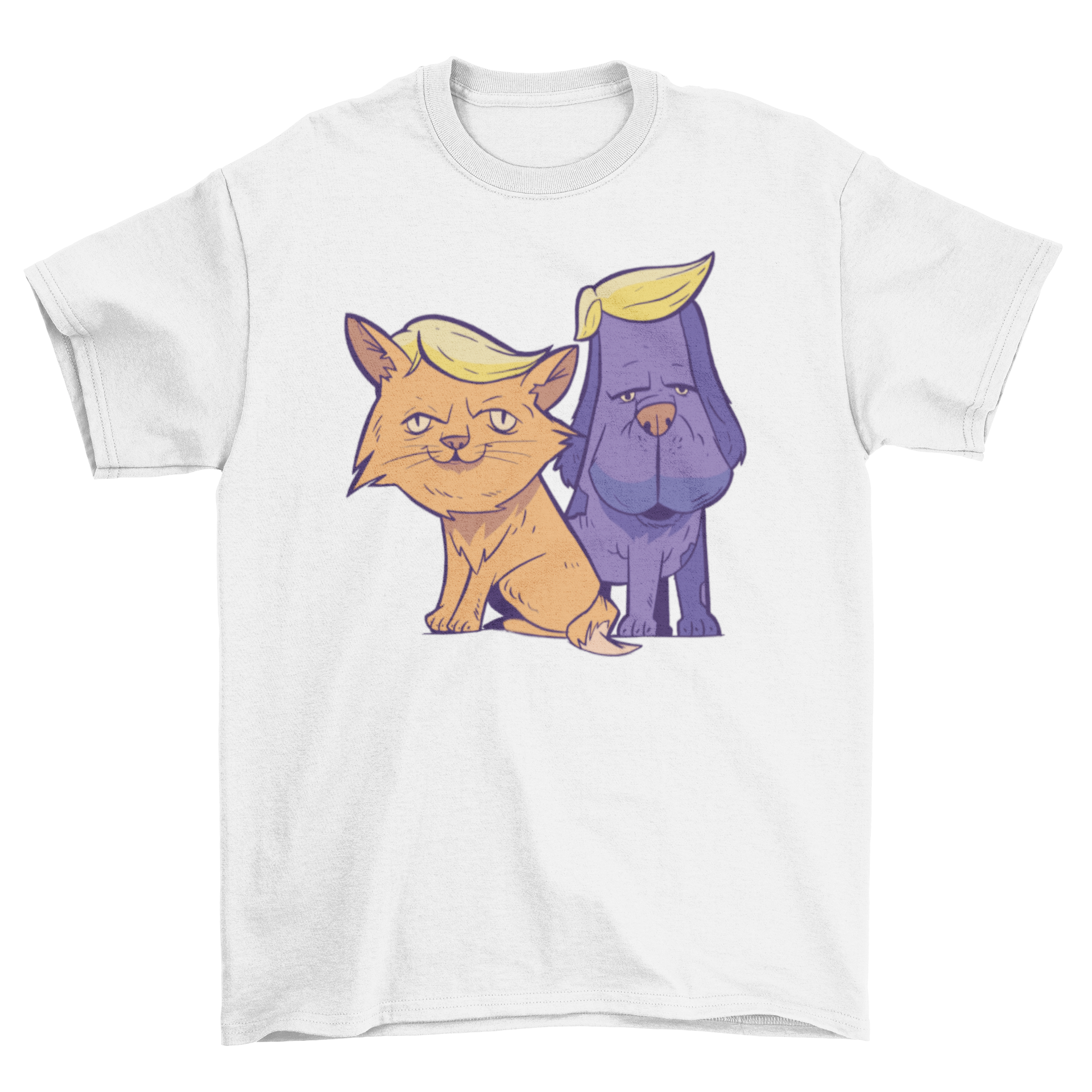 A playful T-shirt featuring a cartoon cat and dog with Trump-style hair, showcasing a humorous political theme.