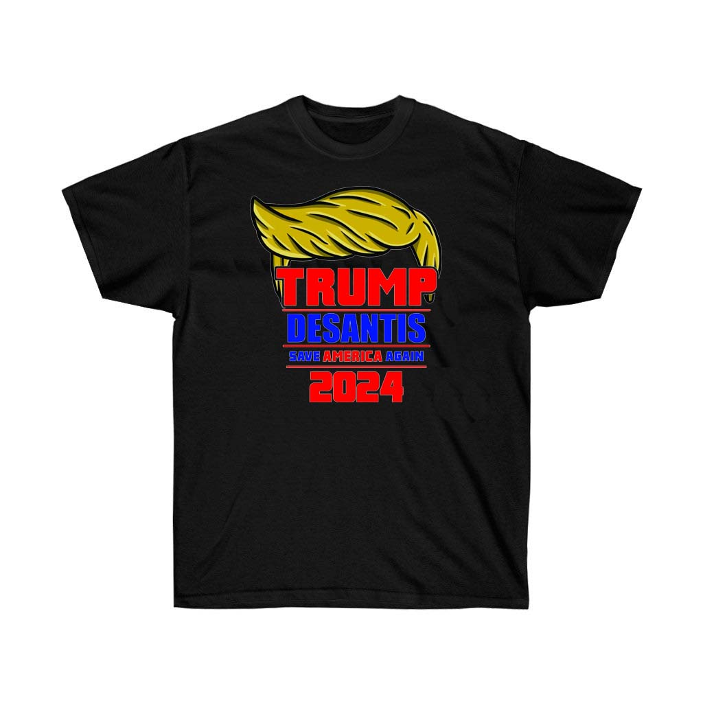 Trump Desantis Save America Again 2024 T-Shirt featuring a bold vinyl print on soft cotton fabric, designed for unisex wear.