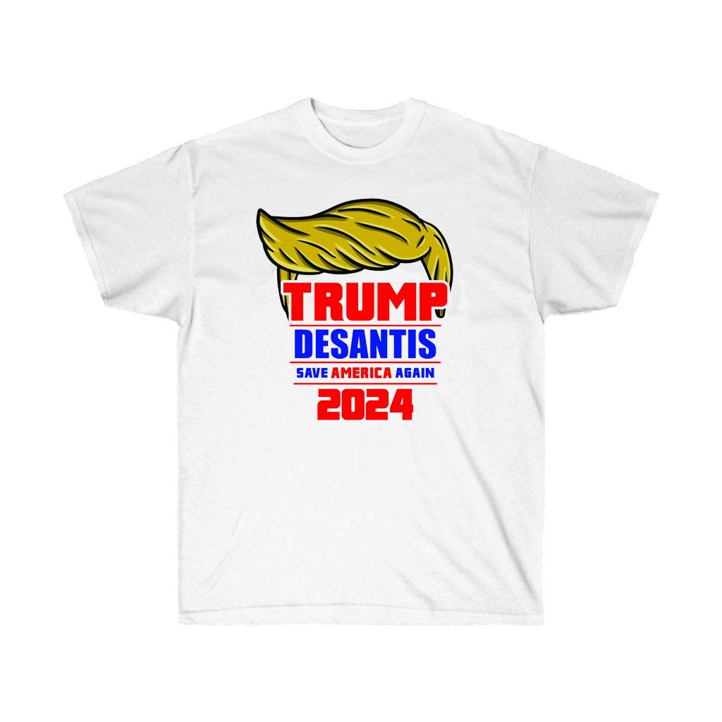 Trump Desantis Save America Again 2024 T-Shirt featuring a bold vinyl print on soft cotton fabric, designed for unisex wear.