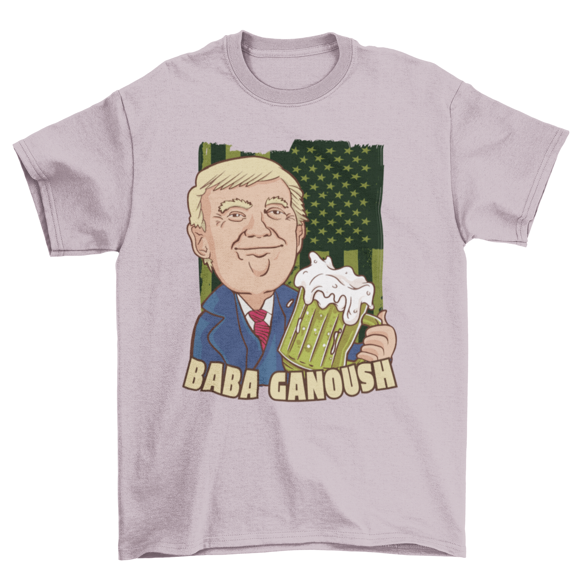 A humorous t-shirt featuring Donald Trump drinking beer, showcasing a playful design.