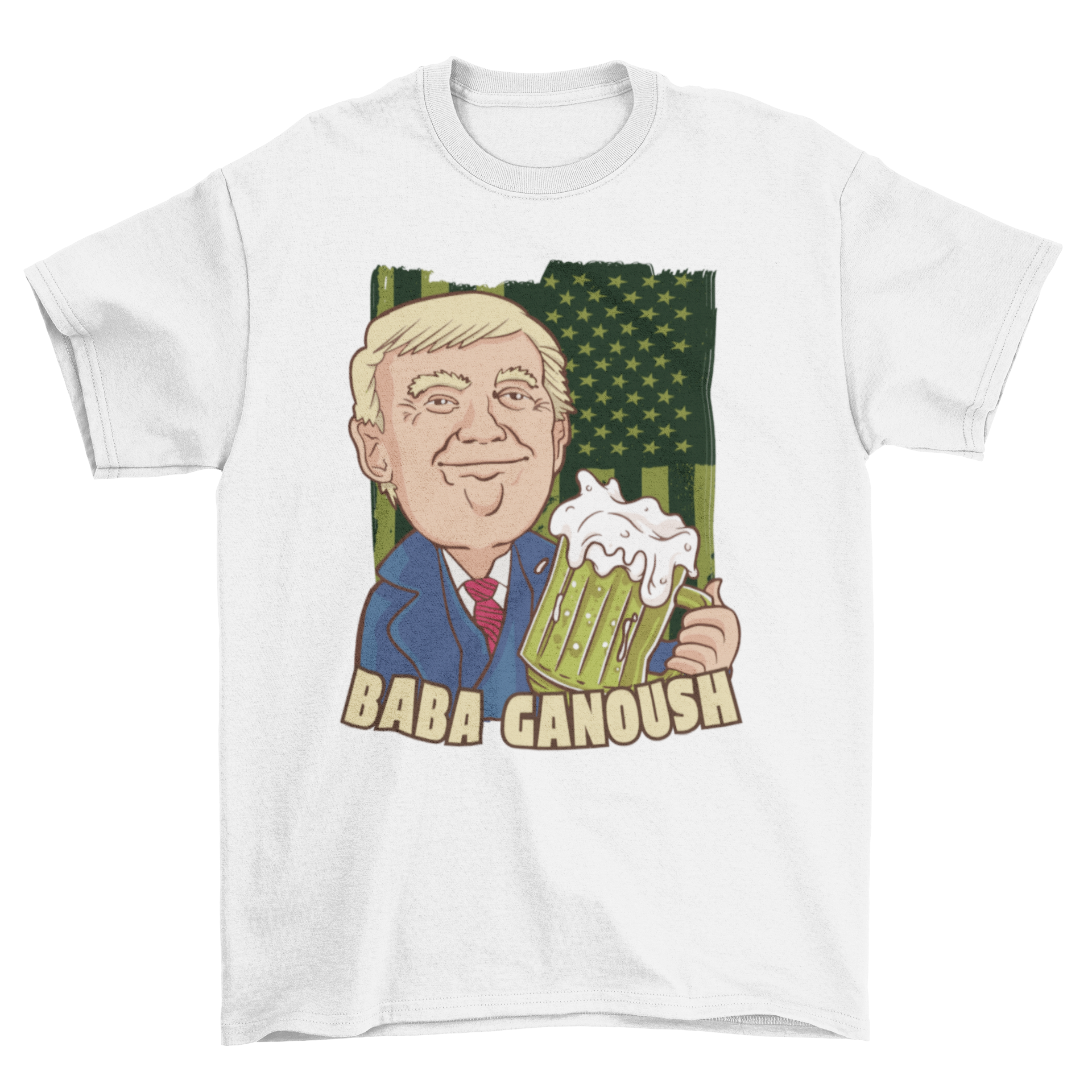 A humorous t-shirt featuring Donald Trump drinking beer, showcasing a playful design.