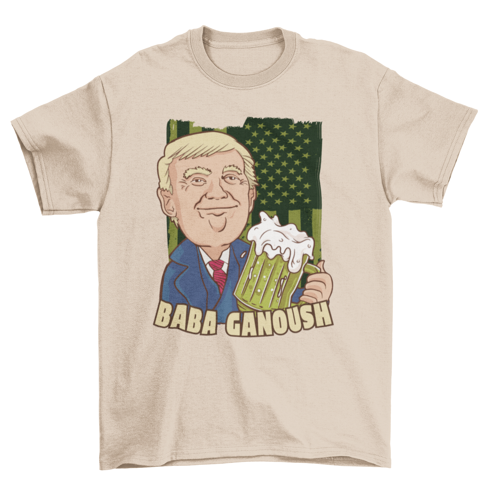 A humorous t-shirt featuring Donald Trump drinking beer, showcasing a playful design.