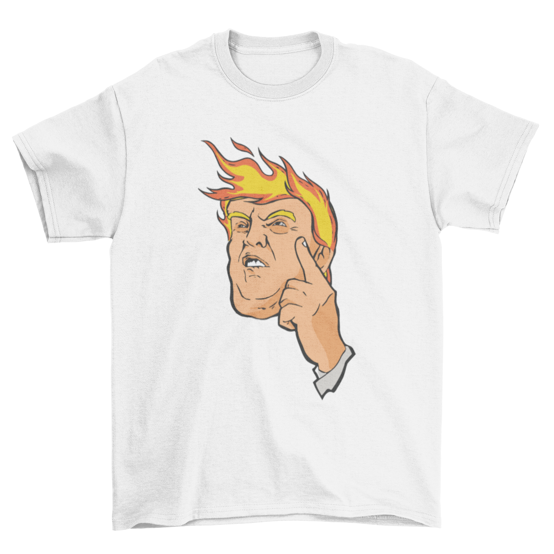 Trump Fire t-shirt featuring an illustration of Donald Trump with fiery hair, showcasing a bold and humorous design.