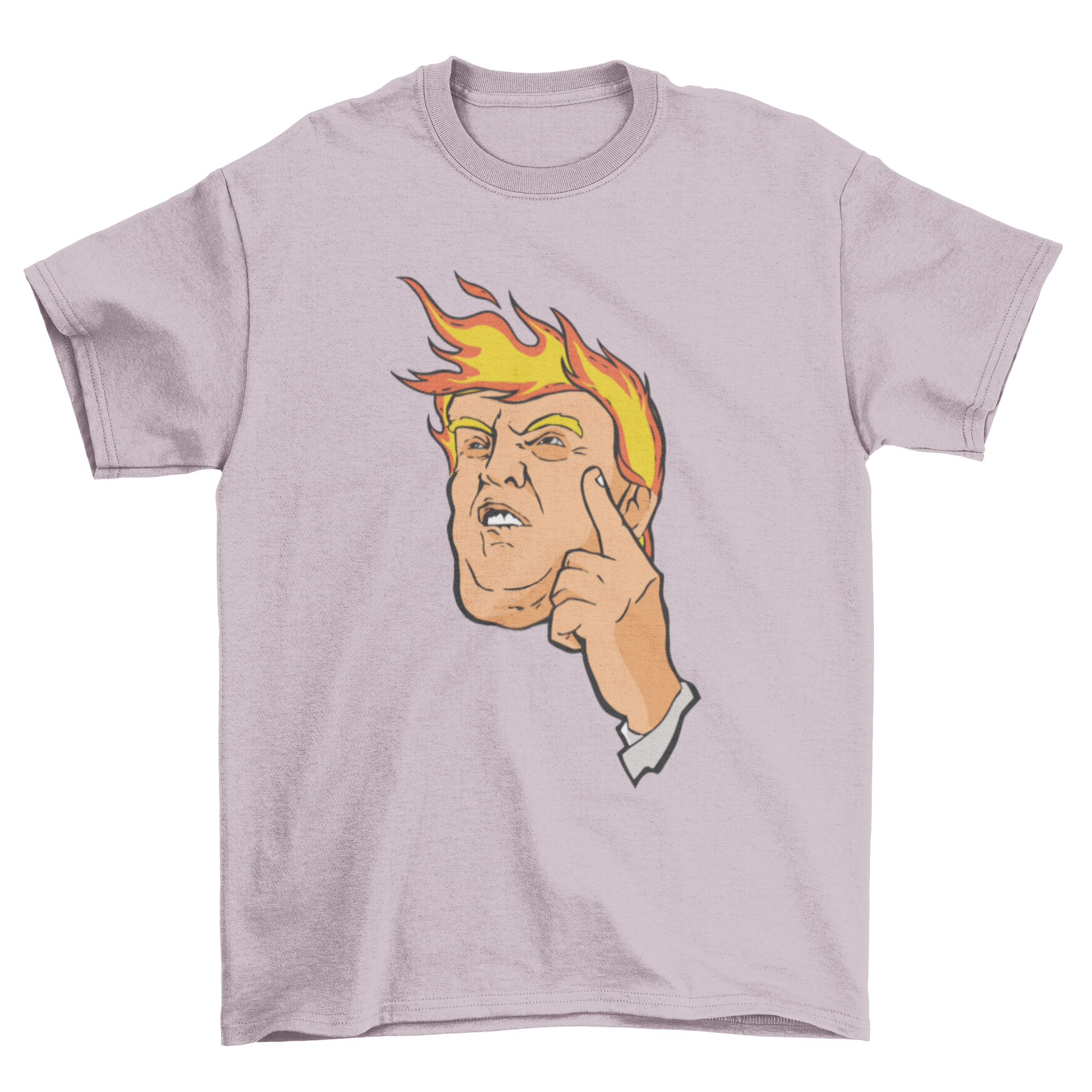 Trump Fire t-shirt featuring an illustration of Donald Trump with fiery hair, showcasing a bold and humorous design.