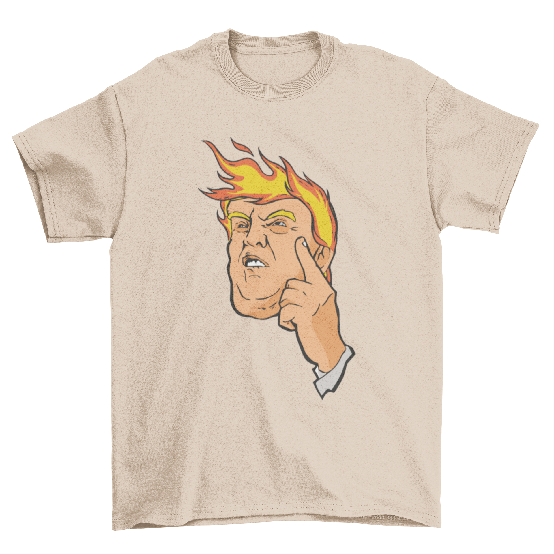 Trump Fire t-shirt featuring an illustration of Donald Trump with fiery hair, showcasing a bold and humorous design.