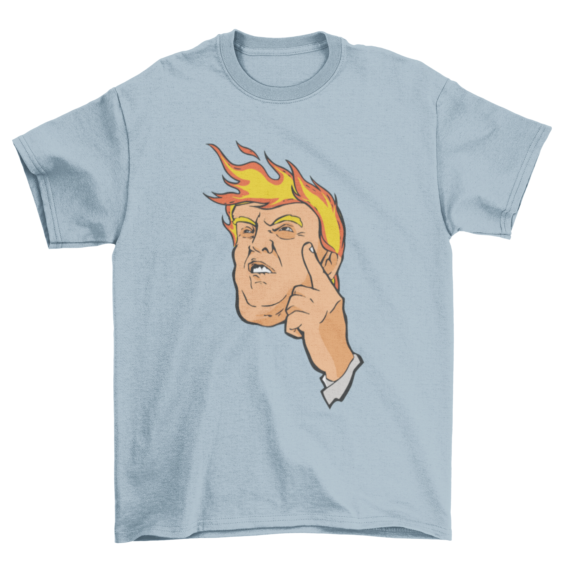 Trump Fire t-shirt featuring an illustration of Donald Trump with fiery hair, showcasing a bold and humorous design.