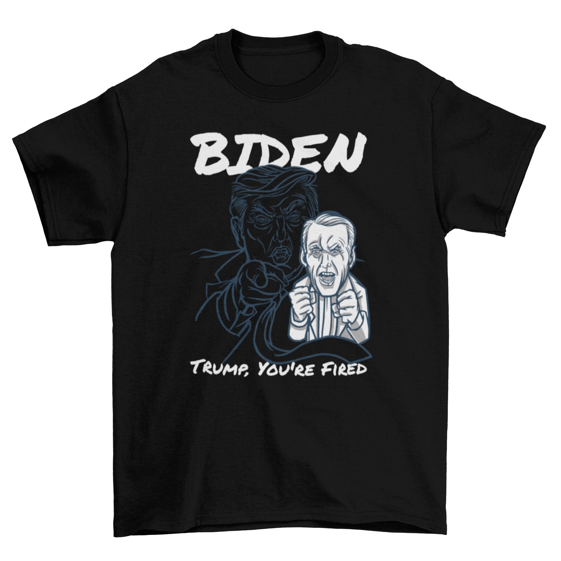 Trump Fired T-shirt featuring Donald Trump and Joe Biden with a bold caption.