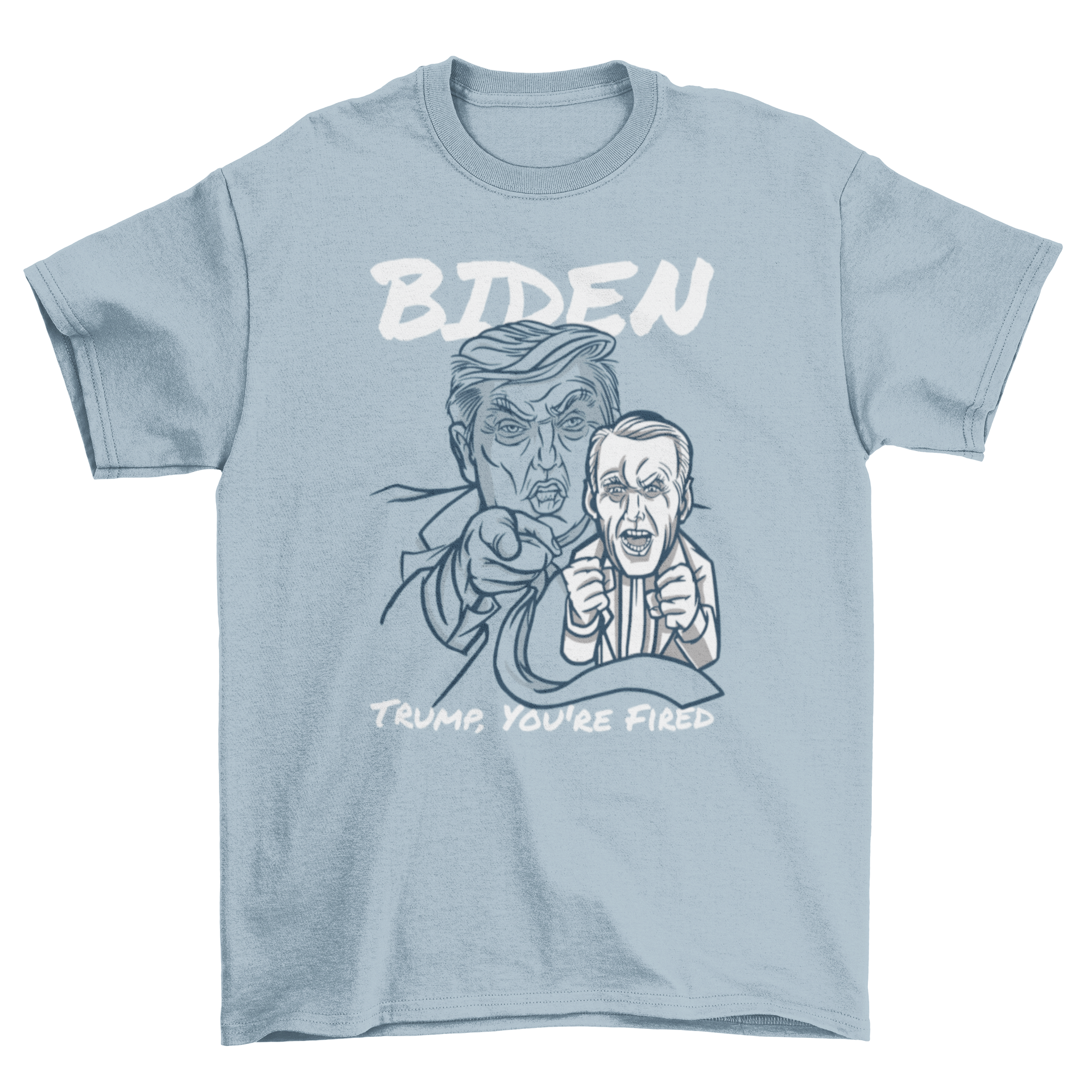 Trump Fired T-shirt featuring Donald Trump and Joe Biden with a bold caption.