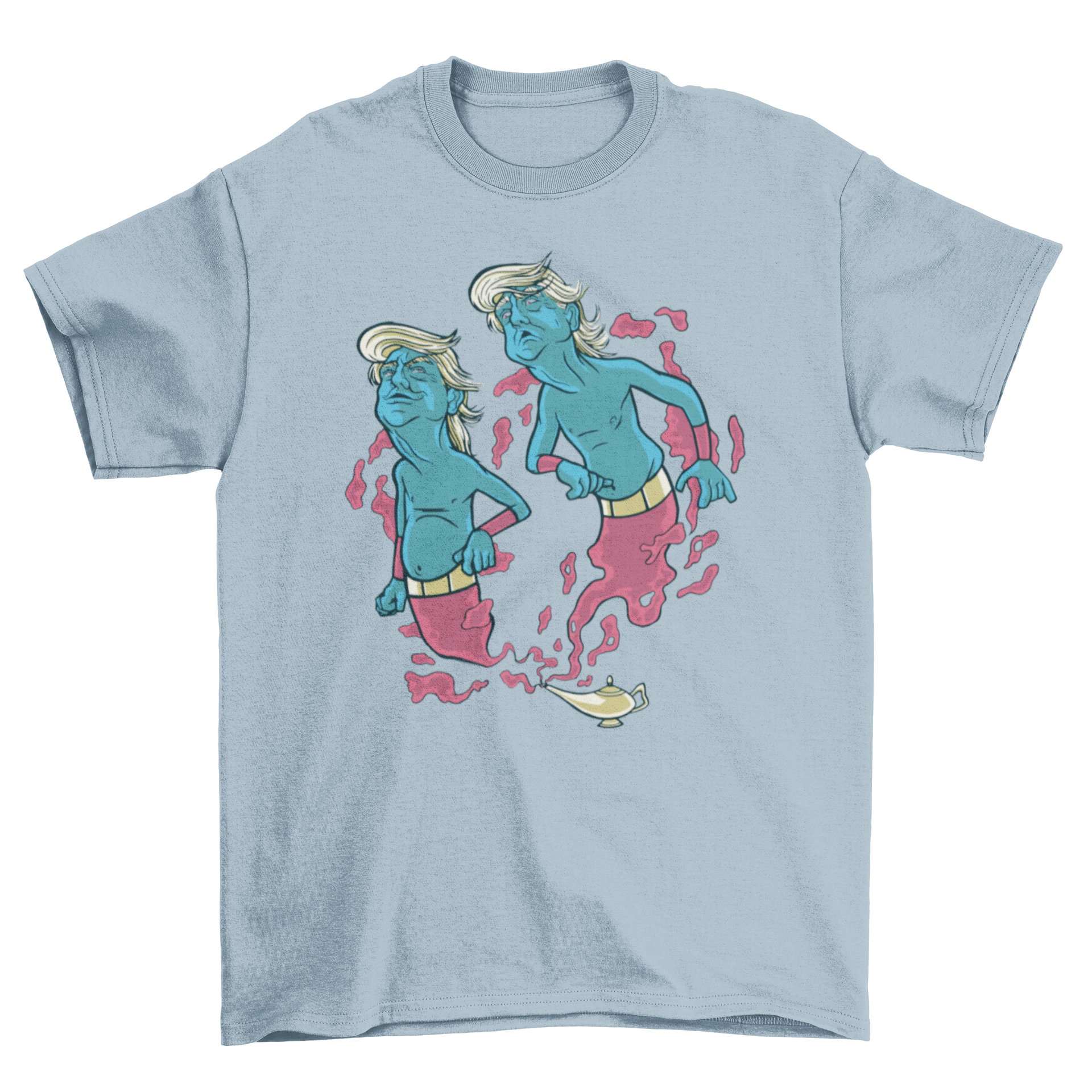 A vibrant T-shirt featuring two whimsical Trump genies emerging from a magical lamp, showcasing a unique and humorous design.