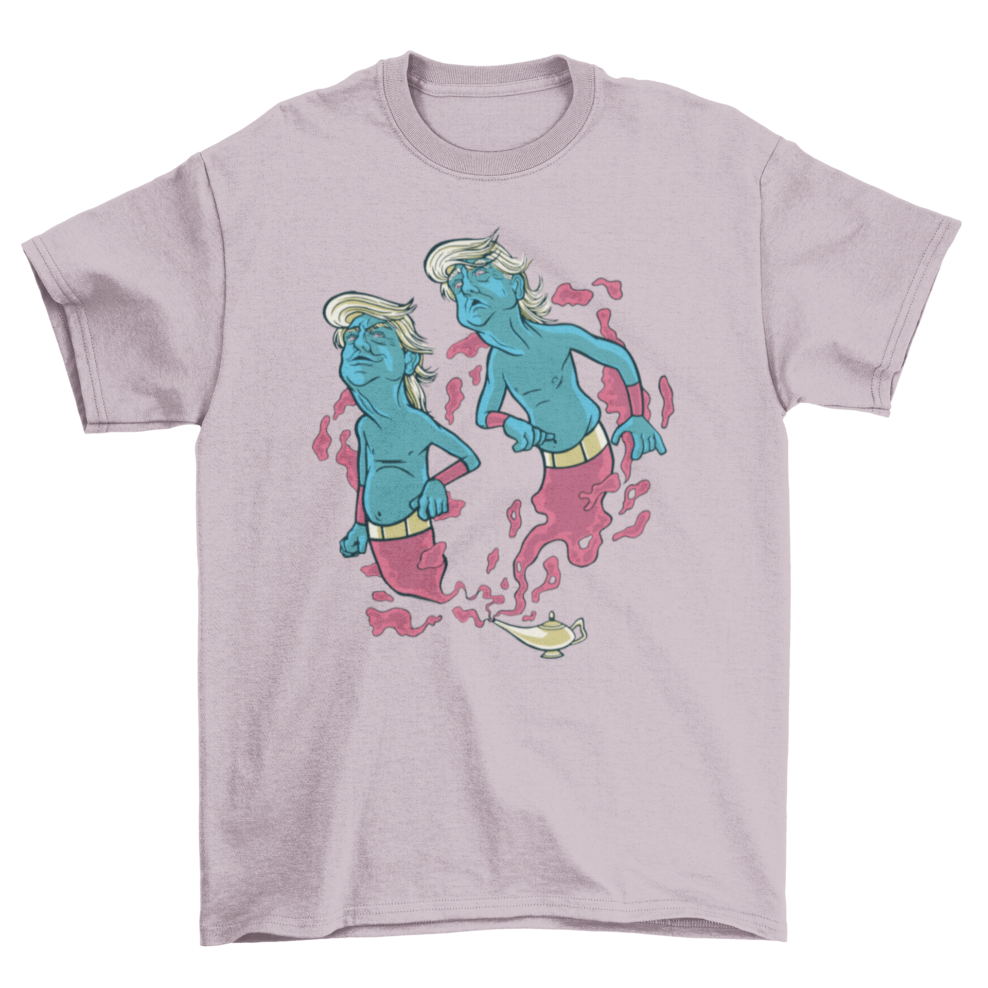 A vibrant T-shirt featuring two whimsical Trump genies emerging from a magical lamp, showcasing a unique and humorous design.