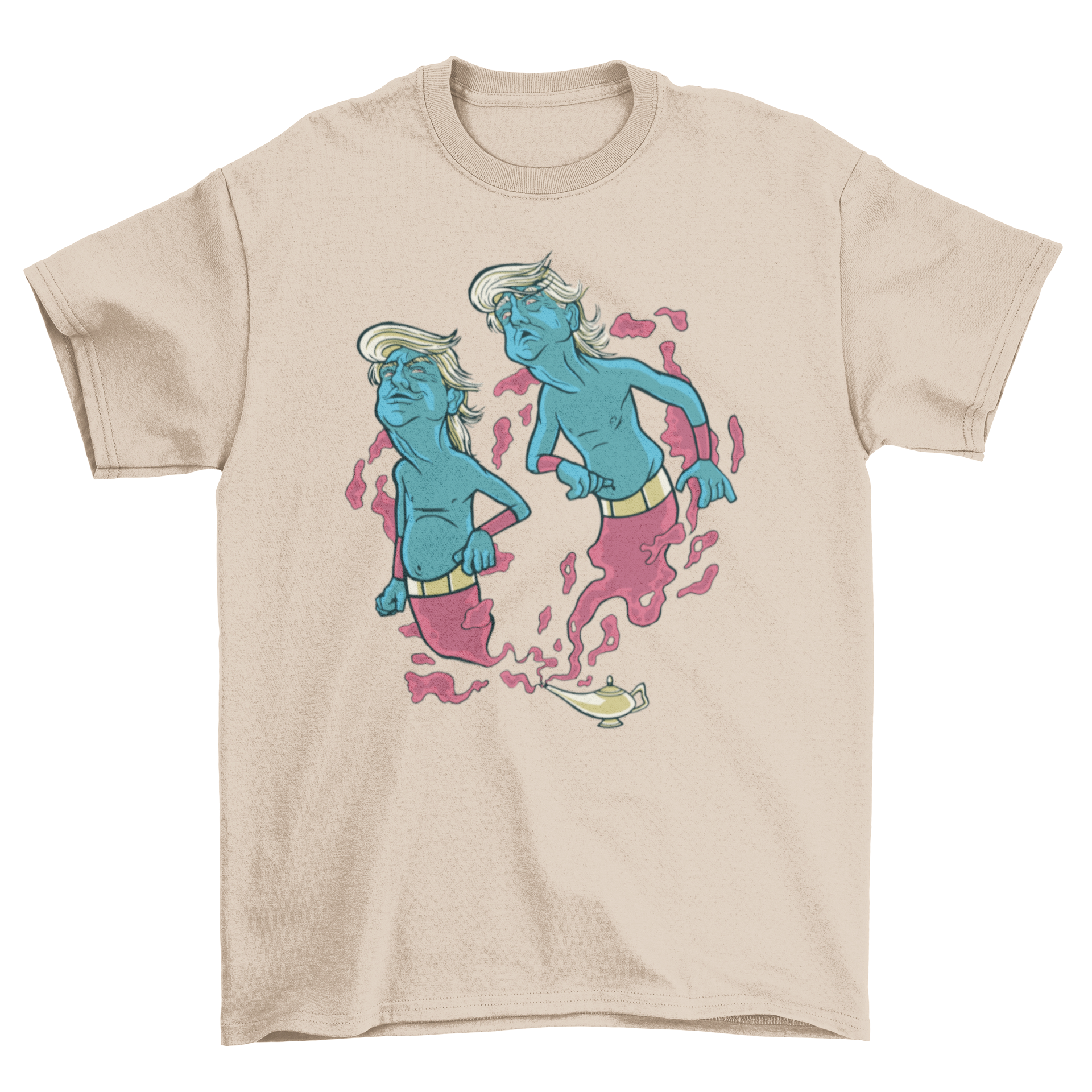 A vibrant T-shirt featuring two whimsical Trump genies emerging from a magical lamp, showcasing a unique and humorous design.