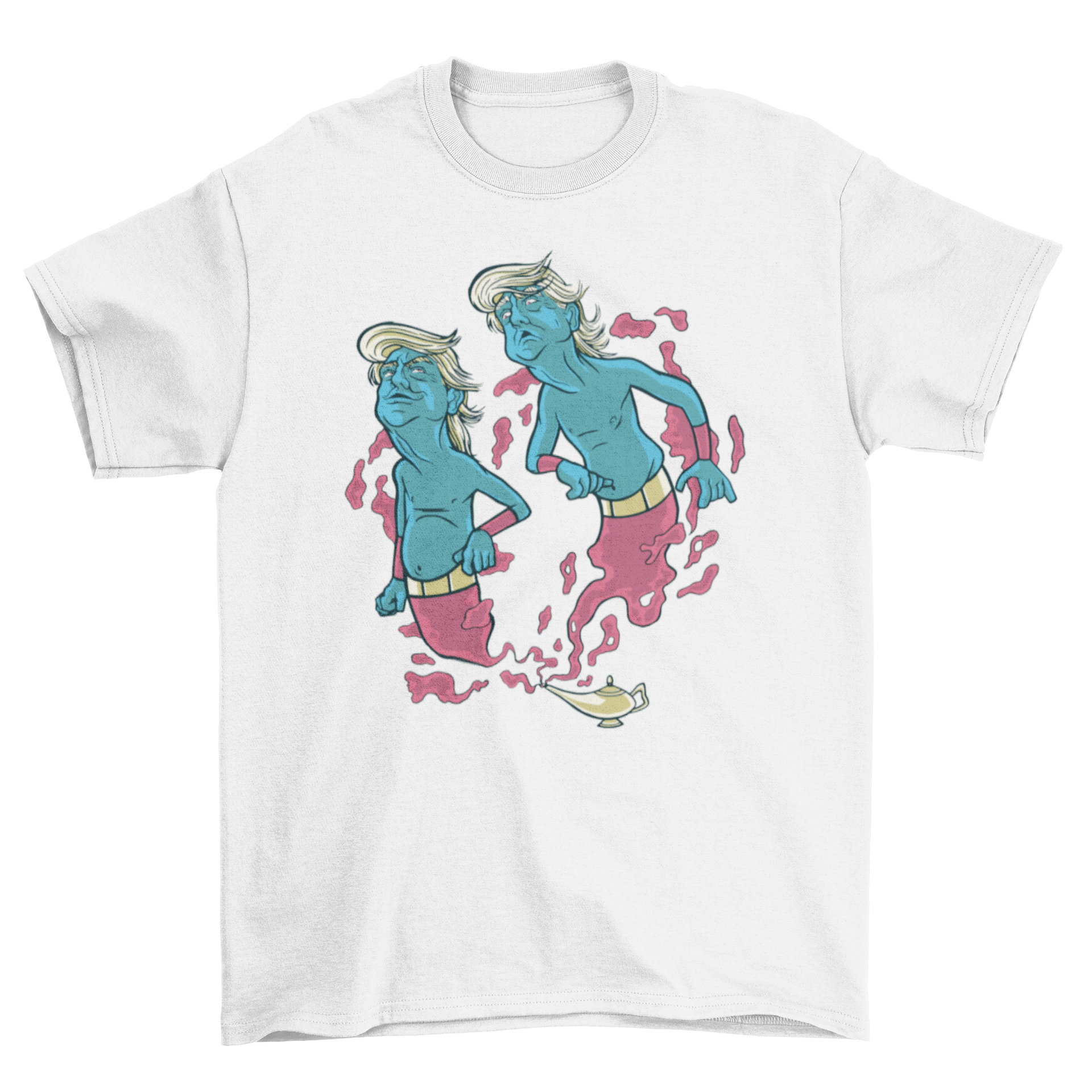 A vibrant T-shirt featuring two whimsical Trump genies emerging from a magical lamp, showcasing a unique and humorous design.