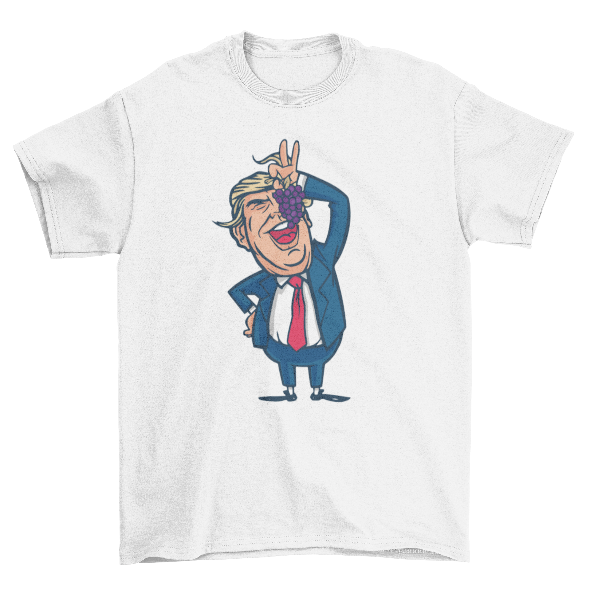 A cartoon illustration of Donald Trump humorously eating grapes on a T-shirt.