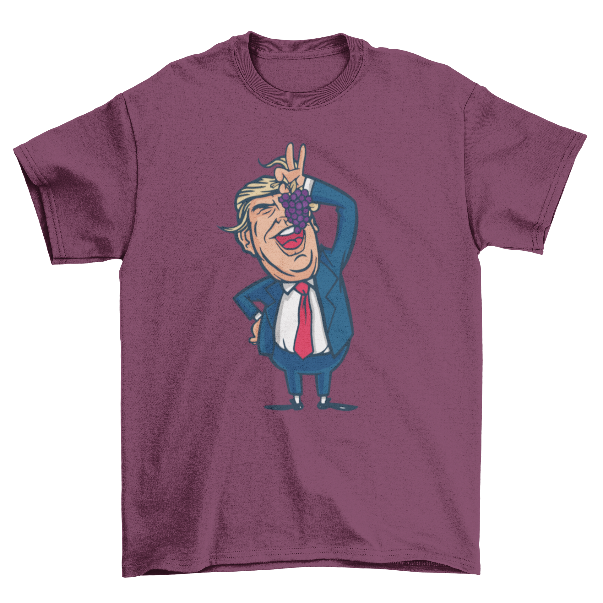 A cartoon illustration of Donald Trump humorously eating grapes on a T-shirt.