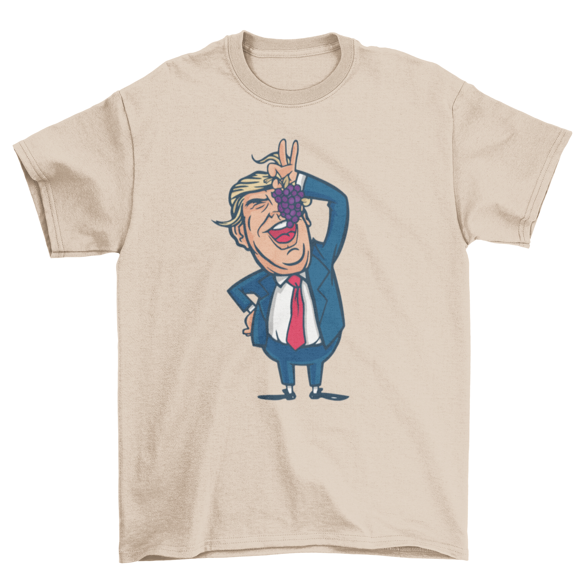 A cartoon illustration of Donald Trump humorously eating grapes on a T-shirt.