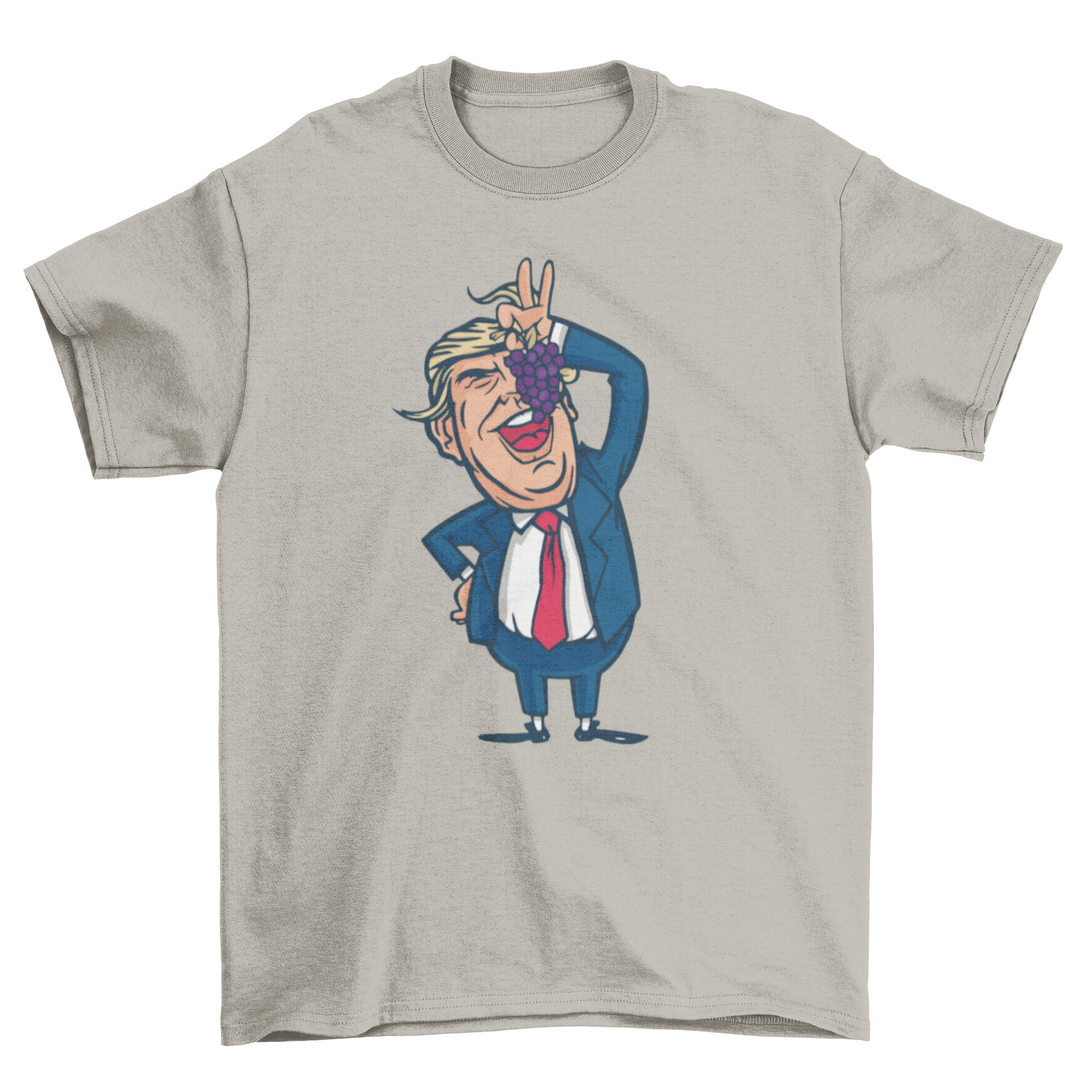 A cartoon illustration of Donald Trump humorously eating grapes on a T-shirt.