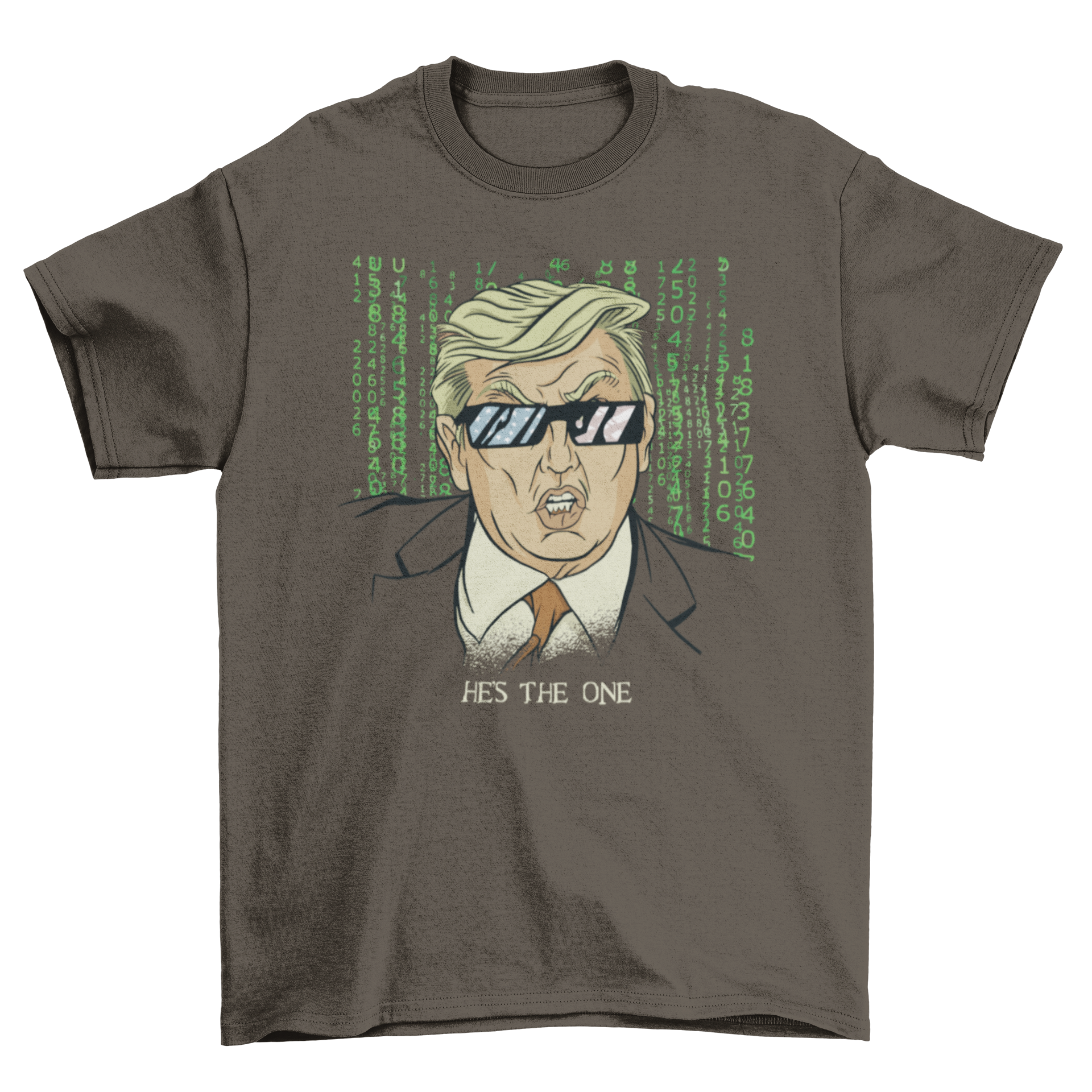 Trump parody American t-shirt featuring sunglasses and the quote 'He's the one'.