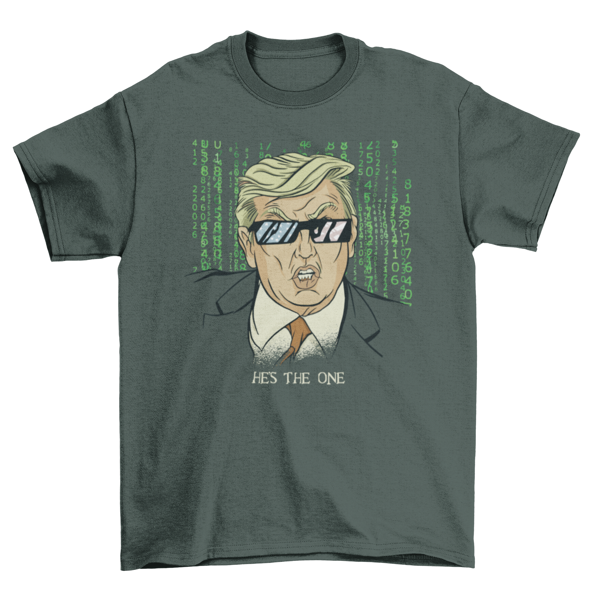 Trump parody American t-shirt featuring sunglasses and the quote 'He's the one'.