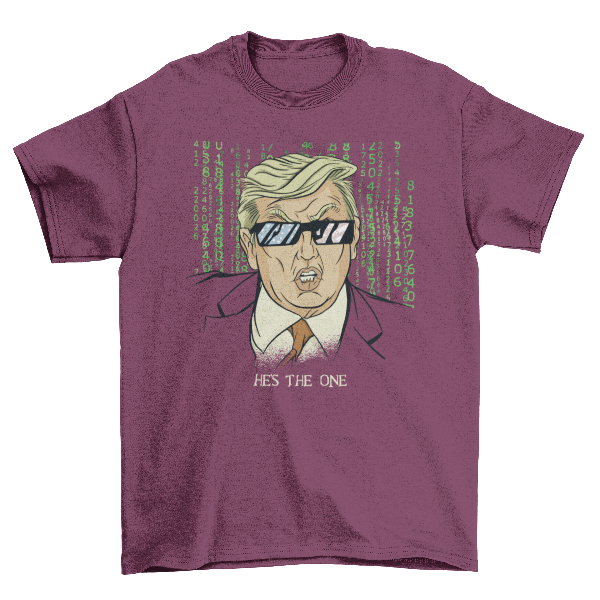 Trump parody American t-shirt featuring sunglasses and the quote 'He's the one'.