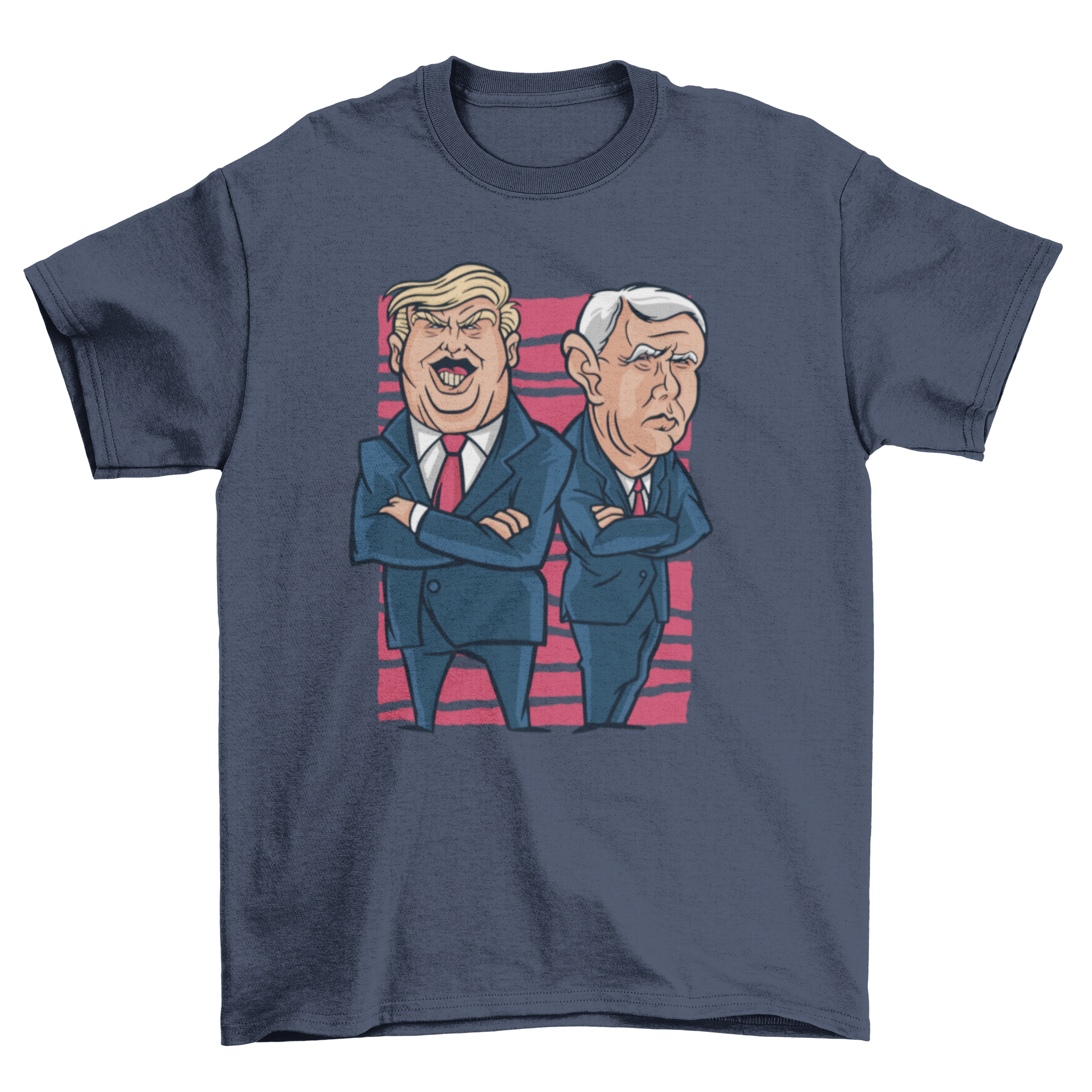 A humorous t-shirt featuring an illustration of Donald Trump and Mike Pence, showcasing their likenesses in a fun design.