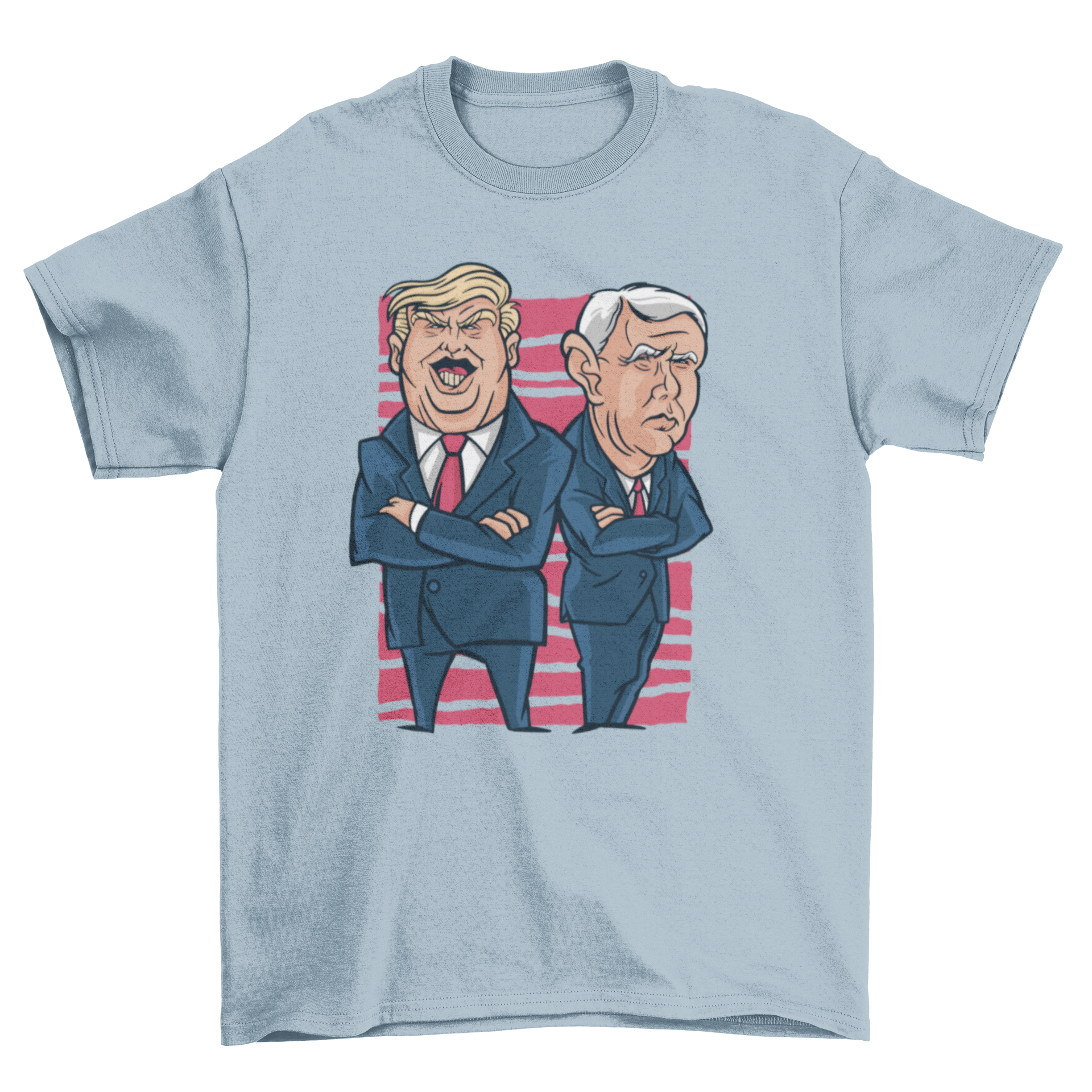 A humorous t-shirt featuring an illustration of Donald Trump and Mike Pence, showcasing their likenesses in a fun design.