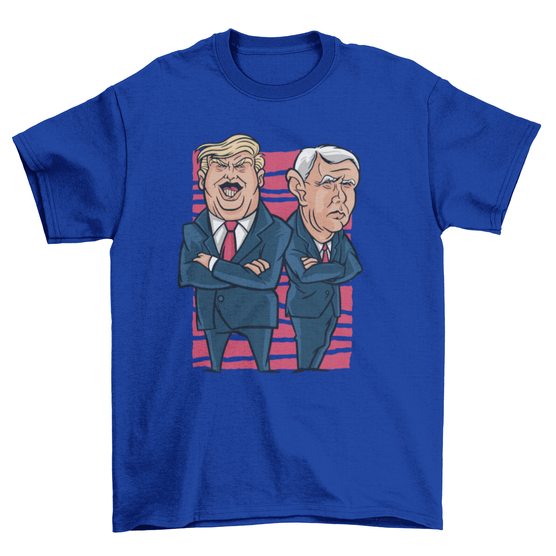 A humorous t-shirt featuring an illustration of Donald Trump and Mike Pence, showcasing their likenesses in a fun design.