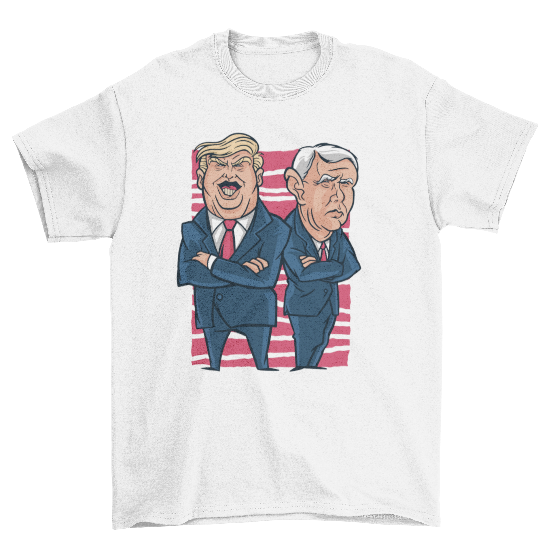 A humorous t-shirt featuring an illustration of Donald Trump and Mike Pence, showcasing their likenesses in a fun design.