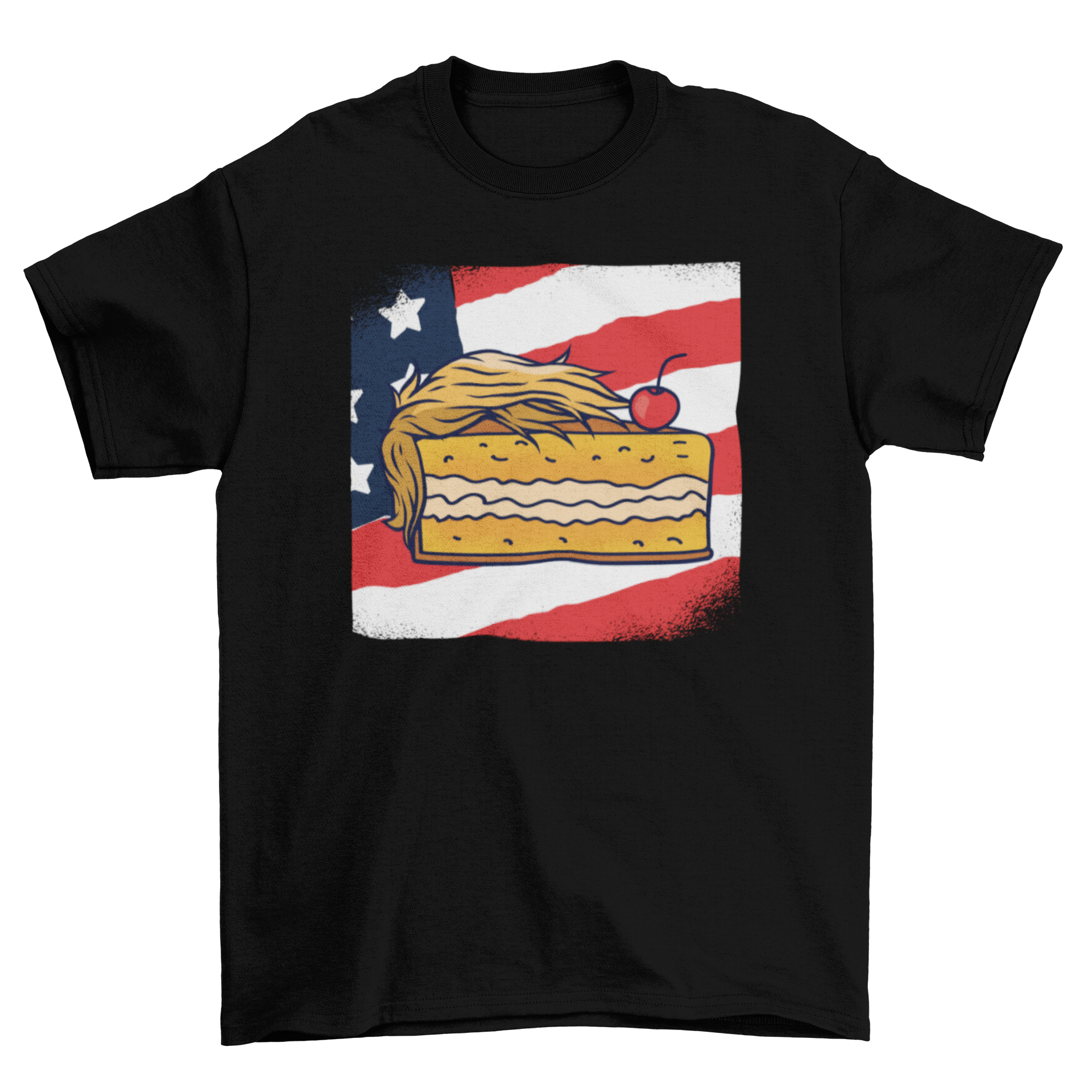 Trump Pie T-Shirt featuring a pumpkin pie with Trump hairstyle and American flag design.