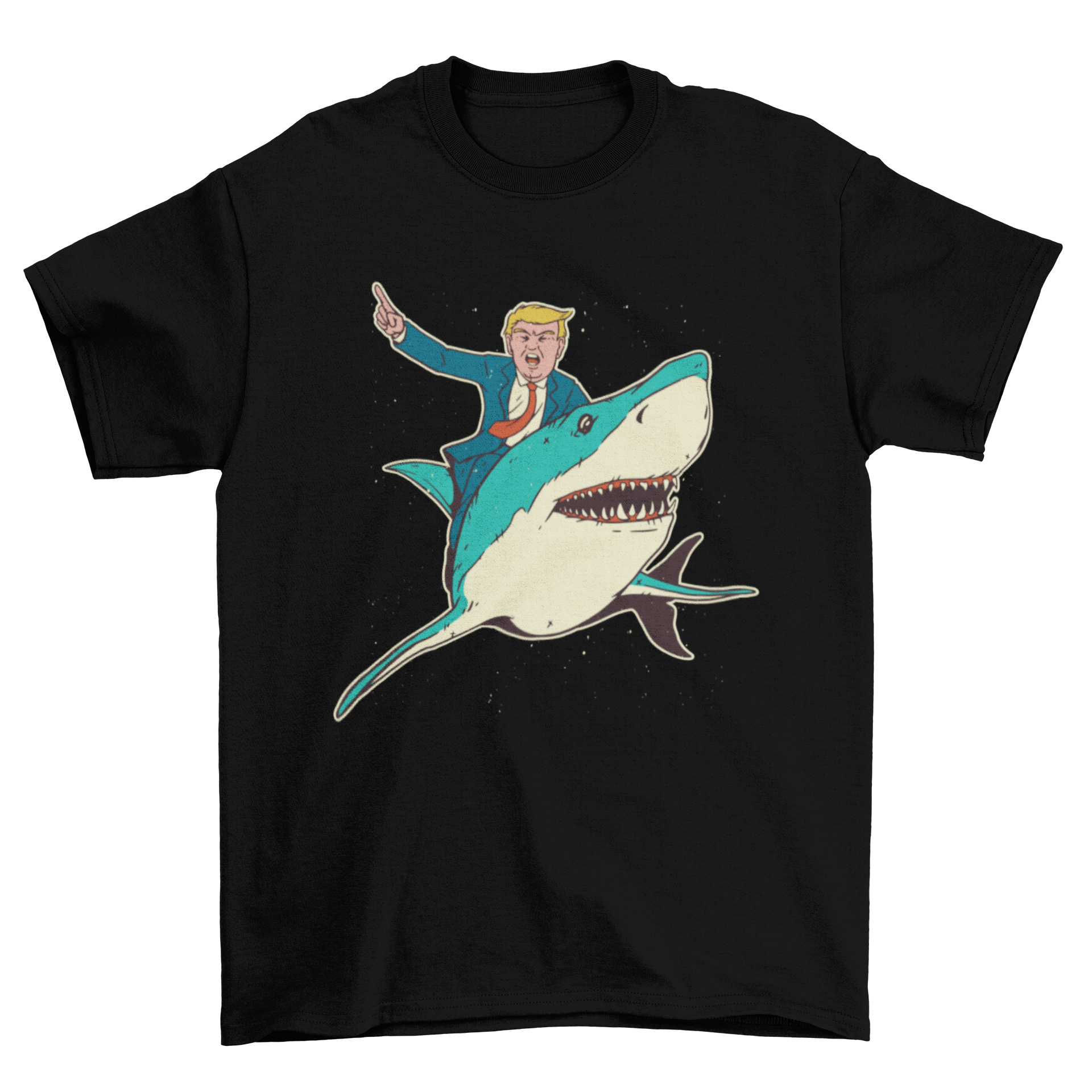 Trump Shark T-shirt featuring Donald Trump riding a shark in a vibrant design.