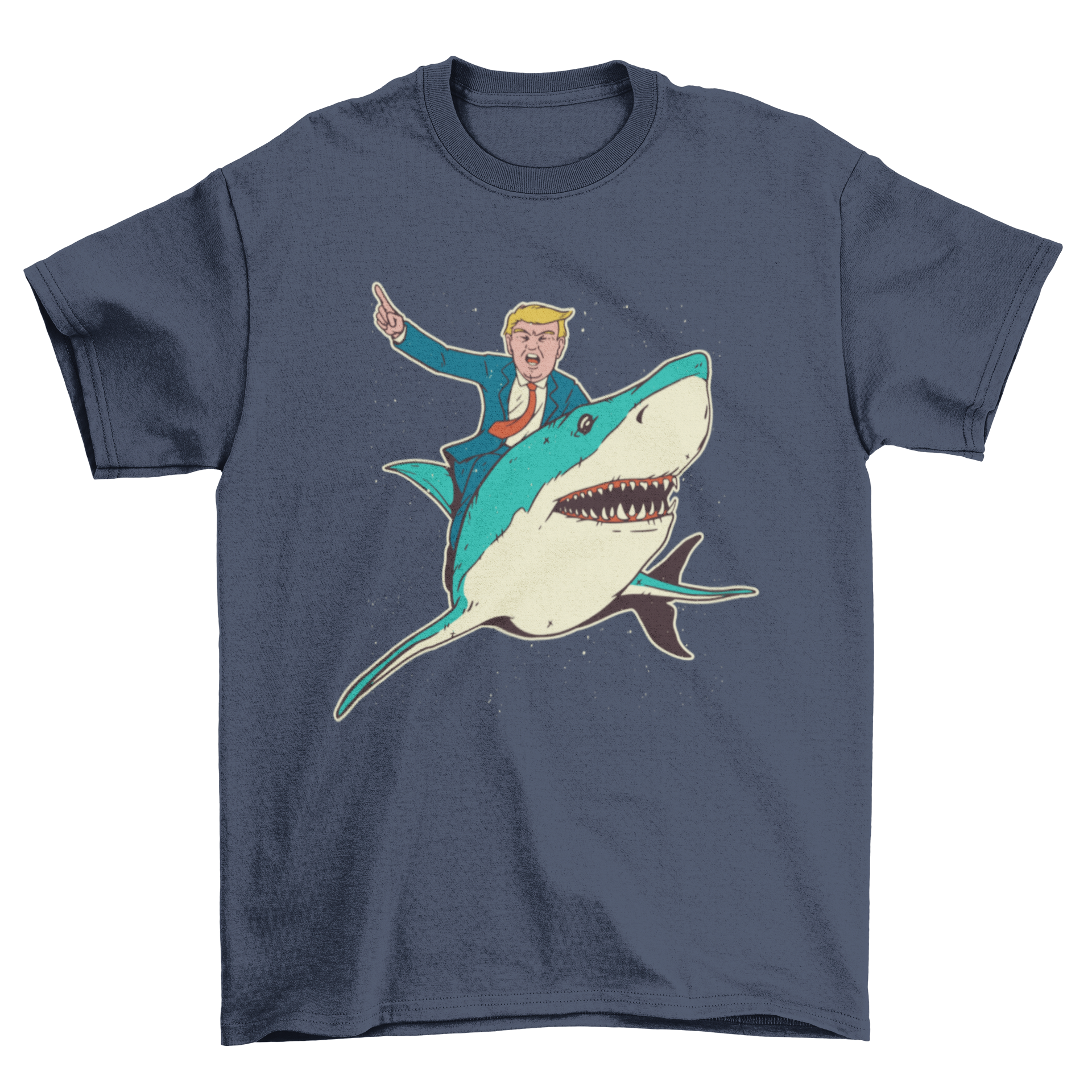 Trump Shark T-shirt featuring Donald Trump riding a shark in a vibrant design.