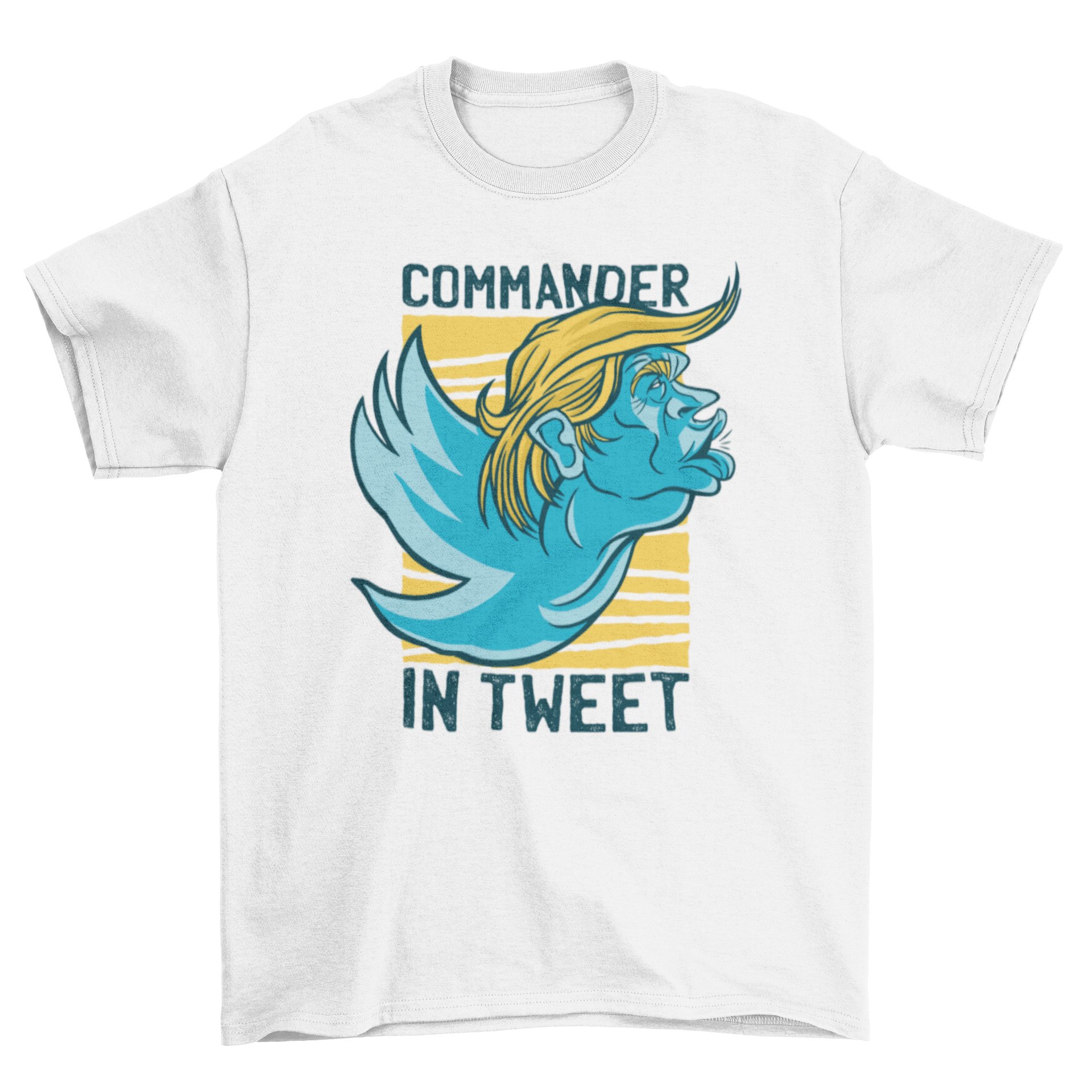 A humorous t-shirt featuring Donald Trump's face merged with the Twitter logo and the quote 'Commander in tweet'.