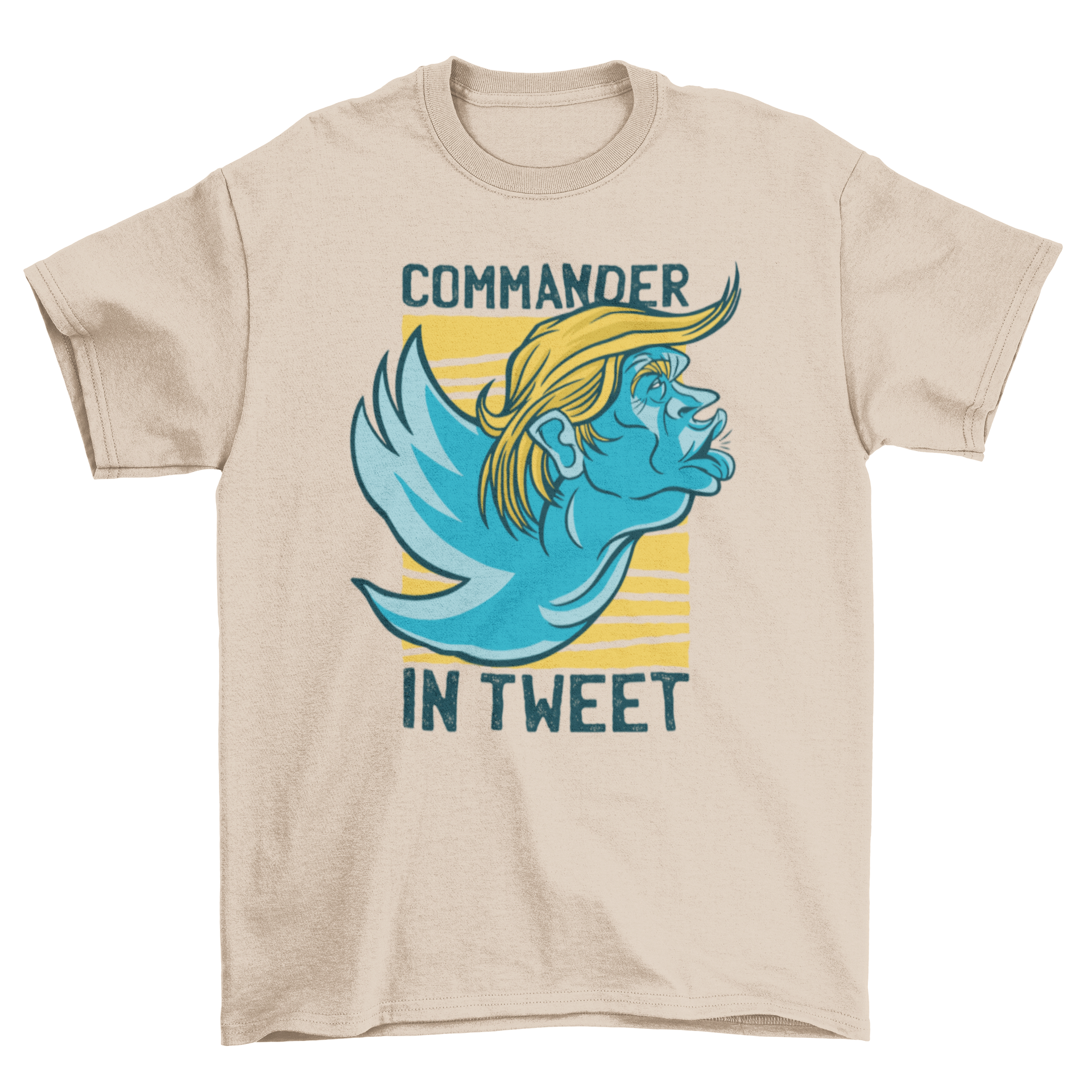 A humorous t-shirt featuring Donald Trump's face merged with the Twitter logo and the quote 'Commander in tweet'.