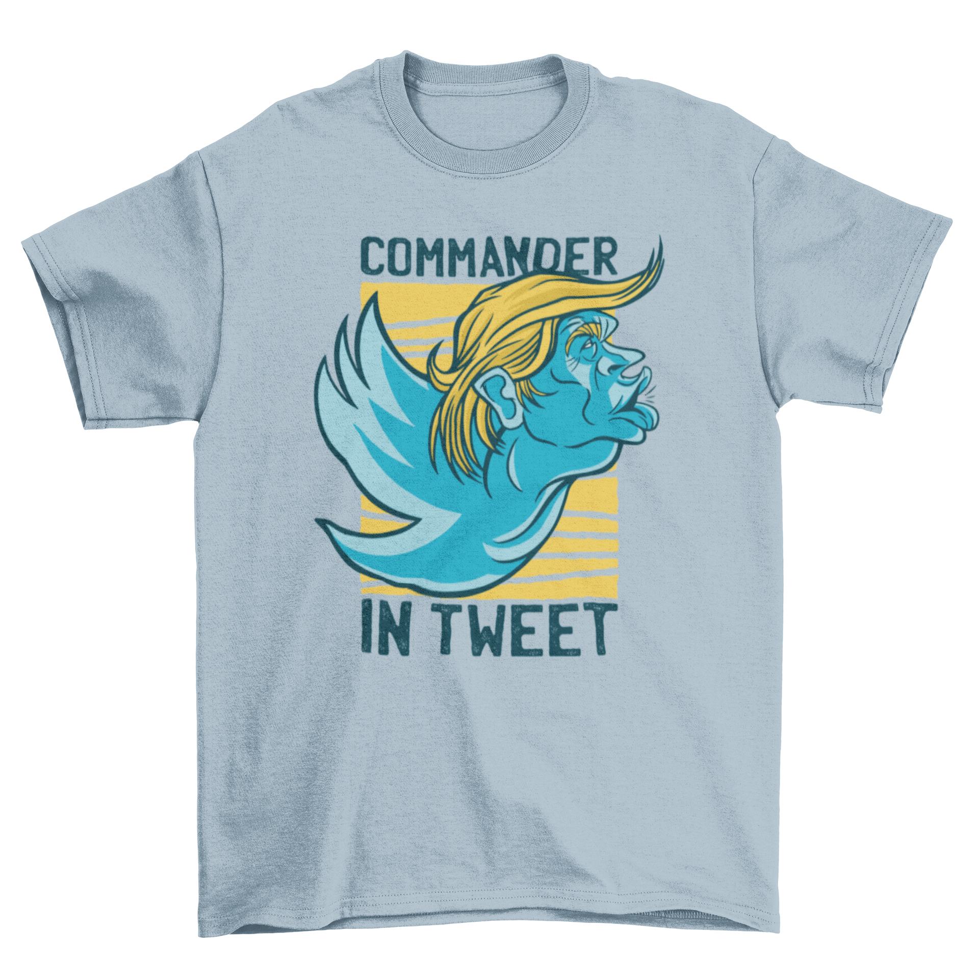 A humorous t-shirt featuring Donald Trump's face merged with the Twitter logo and the quote 'Commander in tweet'.