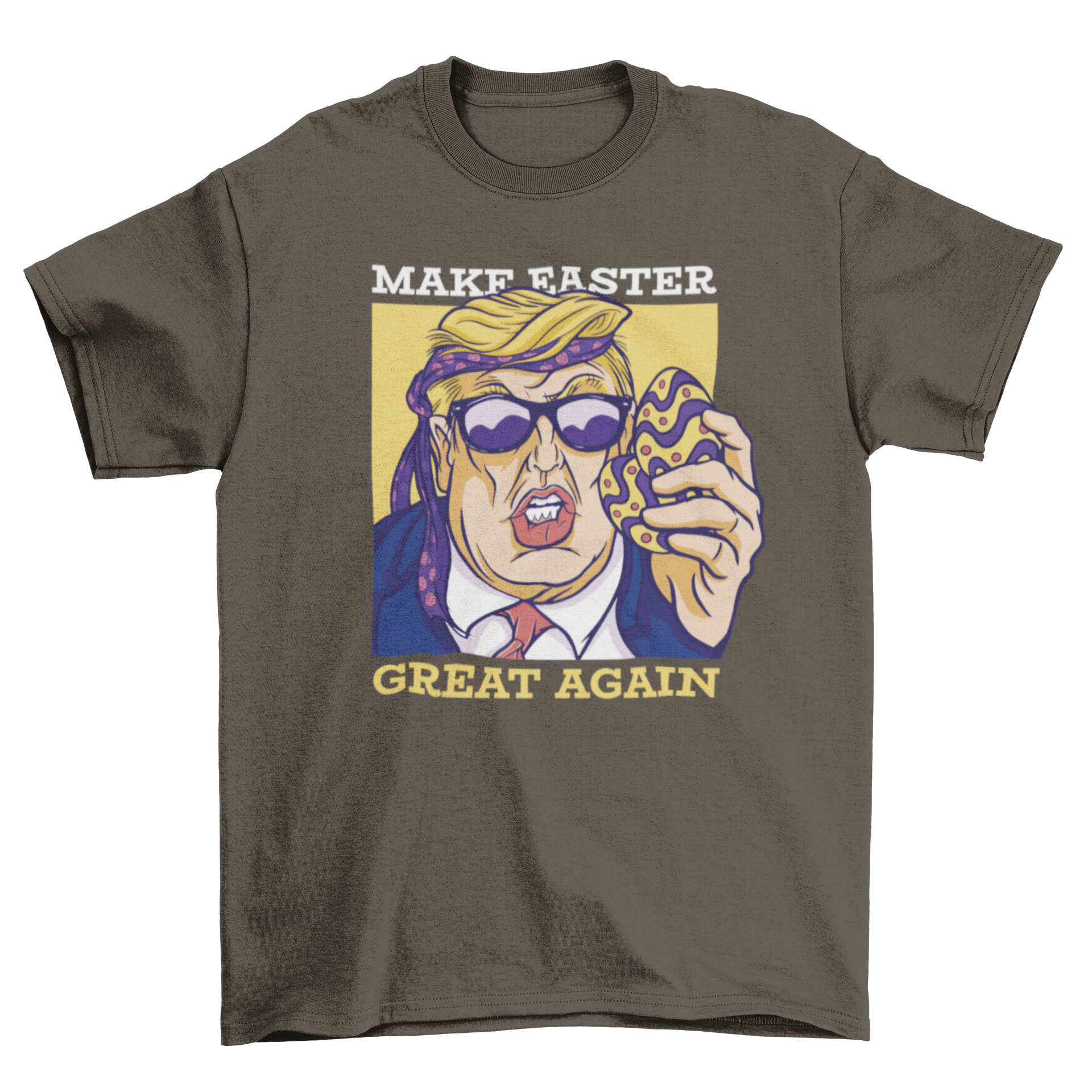 Donald Trump t-shirt featuring colorful Easter eggs and the quote 'Make Easter Great Again'.