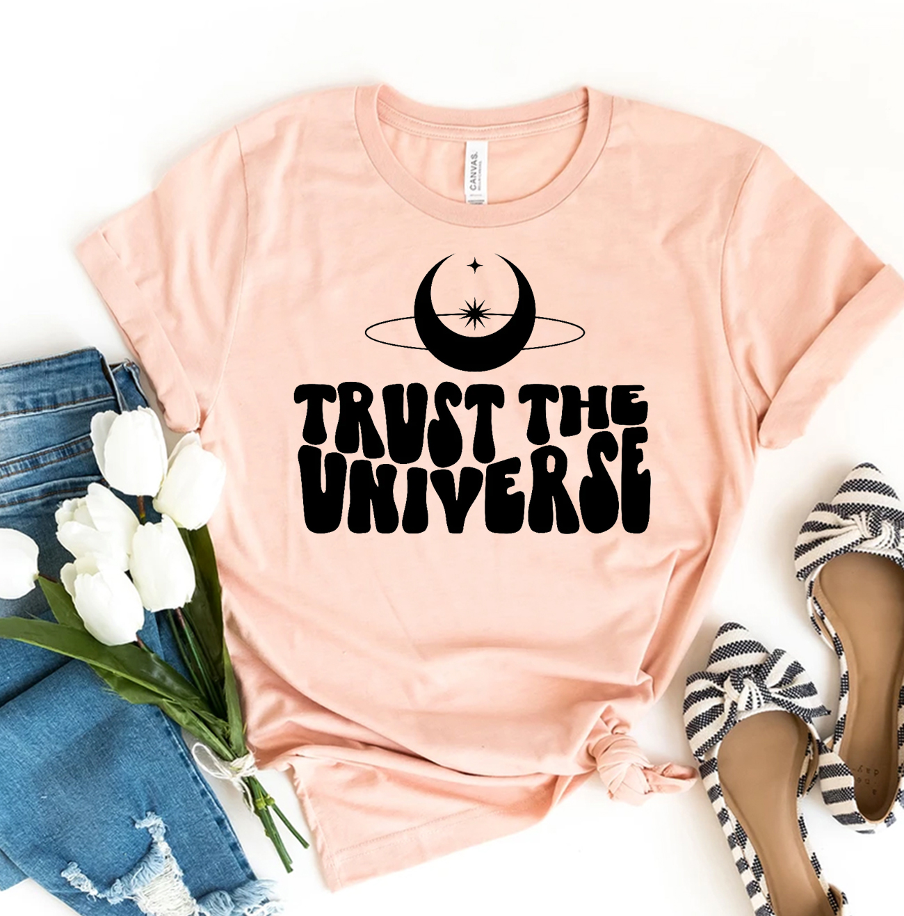 Trust the Universe T-shirt made from premium ring spun cotton, featuring a vibrant flex print design, available in various sizes.