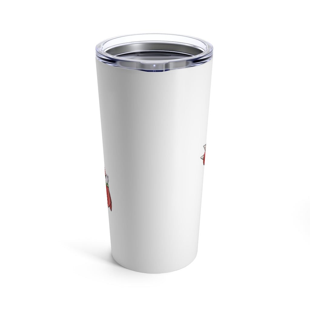 Tsoskibird Tumbler 20oz in stainless steel with a see-thru plastic lid, showcasing its sleek design and rounded corners.