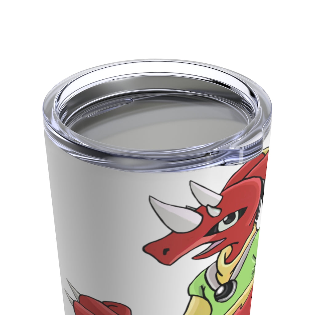 Tsoskibird Tumbler 20oz in stainless steel with a see-thru plastic lid, showcasing its sleek design and rounded corners.