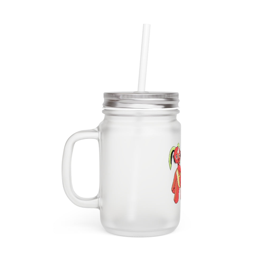 A stylish Tsosti Mason Jar made of frosted glass, featuring a straw and lid, perfect for personalized drinks.